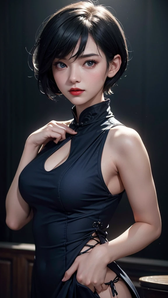 1 girl, (china dress, navy blue ) (short hair:1.1), (Put your hands behind your back:1.1), (Practical:1.7), ((best quality)),absurdres ,(Ultra-high resolution),(photorealistic:1.2, Tyndall effect,Realistic, Dark studio, Rim Light, Two-tone lighting, the best Rendering, (hyperPractical:1.2), (outstanding beautiful face:1.2), (8K), (4k), (masterpiece), ( extremely detailed skin texture), hmovie lighting, wallpaper),( beautiful eyes:1.2),((((Perfect face)))),(Lovely),(permanent),(Black Hair),(short hair),black eyes,red lips, (outdoor),