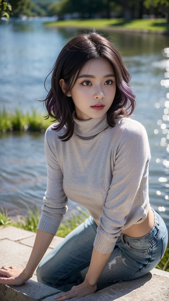 masterpiece, Ultra-high resolution, 4K, Best Quality, 1 person, ((whole body)), Beautiful and exquisite face, Beautiful, smooth skin, Skin Texture, 1, Baby Face, Beautiful lake, denim, turtleneck, Purple Hair, Medium Hair, Curly Hair,High heels