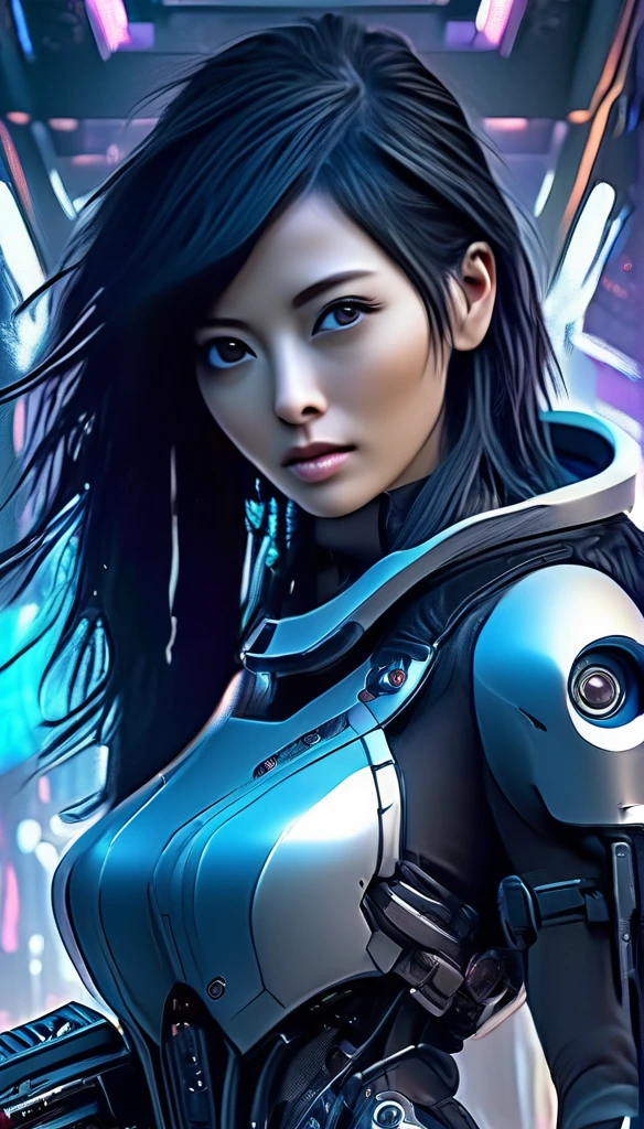 A woman wearing cyber armor, (((She has a rocket launcher gun in her hand))), android，Full body photo, Superior quality through precise drawings, 8k,Sparkling blue eyes,  High resolution, 超High resolution, Best Quality, Shortcuts, Cinematic Lighting Effects, 未来的な美しいBlack Hairの女性, Shining Blue Eyes, Cyberpunk style woman, ((High tech spaceship interior with blue light illumination)), High-quality images、Black Hair, Shortcuts, 