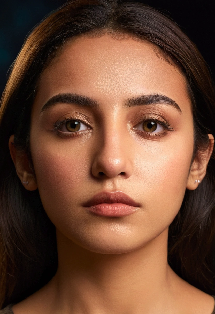 a photorealistic 2 girl latina, 30 yo frontal face swap, headshot, look for camera, centered face frontal, highly detailed facial features, beautiful eyes, nose and lips, full body shot, anatomically correct, hyperrealistic, 8K, hyper detailed, cinematic lighting, global studio light, warm color tones, atmospheric, mystical, fantasy, digital art, surreal, dramatic pose