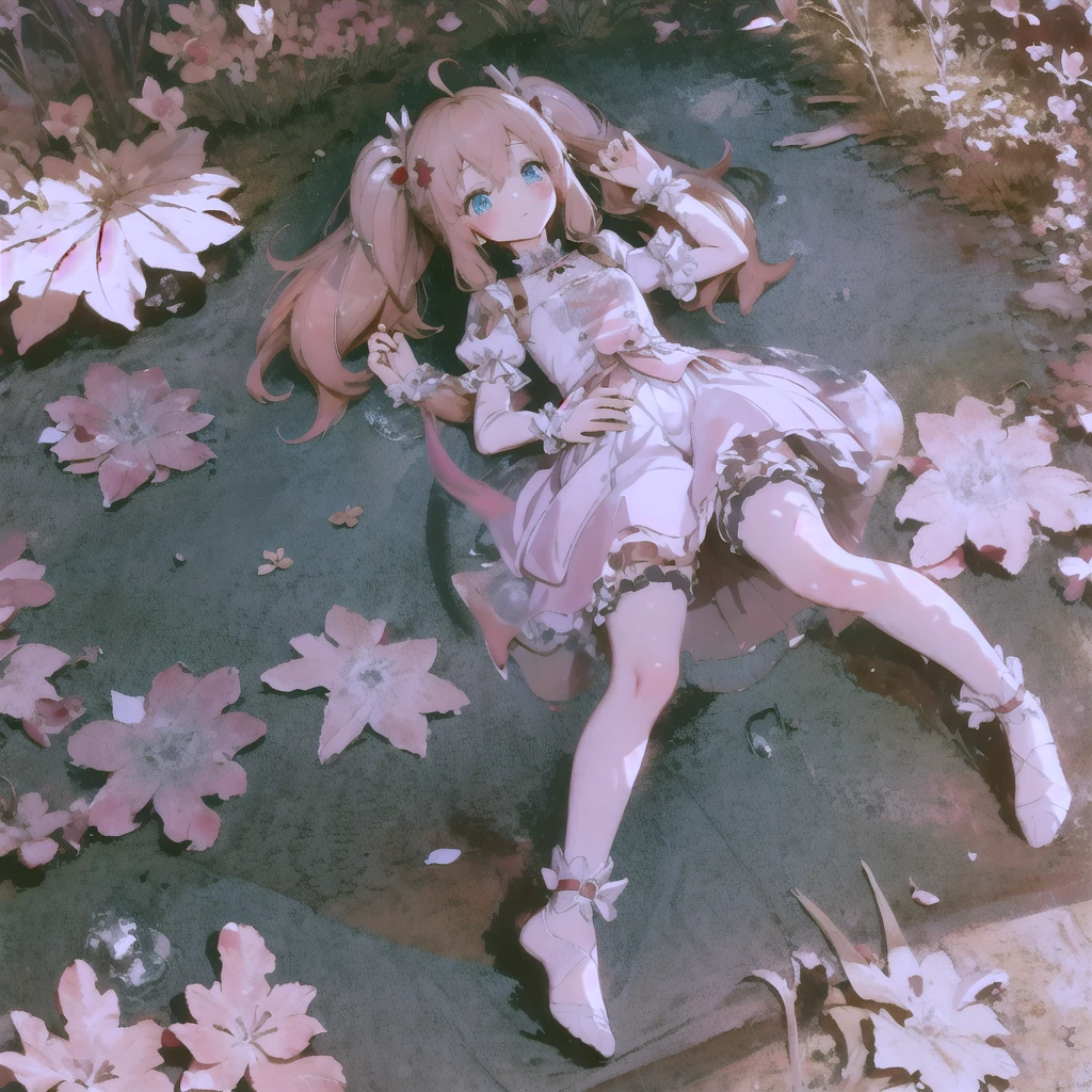 beautiful illustration, best quality, cute petit girl, (transform sequence), transform magical girl, chibi, magical girl, fractal art, albino, laying on the ground, babyface,long brown and red twintails, beautiful detailed blue eyes, laying on the ground, blush, cinematic lighting, from top, from above, looking away, happy