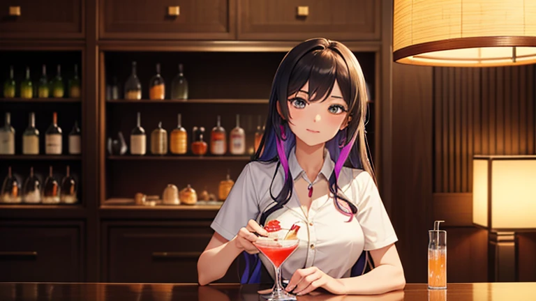 A 27 year old girl, He is at the bar making a cocktail, His hair is wavy at the bottom of his hair it is dyed blue.
