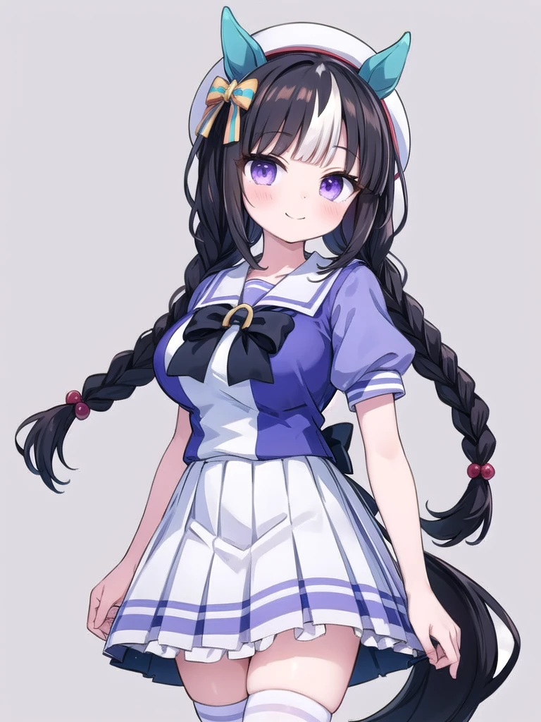 1girl, solo, masterpiece, best quality, perfect hands, blush, summer uniform, hokko tarumae \(umamusume\), smile, closed mouth, white hat, beret, serafuku, puffy short sleeves, purple bowtie, hair ornament, sailor collar, sailor shirt, purple shirt, white skirt, pleated skirt, white thighhighs, miniskirt, zettai ryouiki, twin braids, horse ear, horse tail, black hair, white, streaked hair, purple eyes, blunt bangs, huge breasts, bow, frills