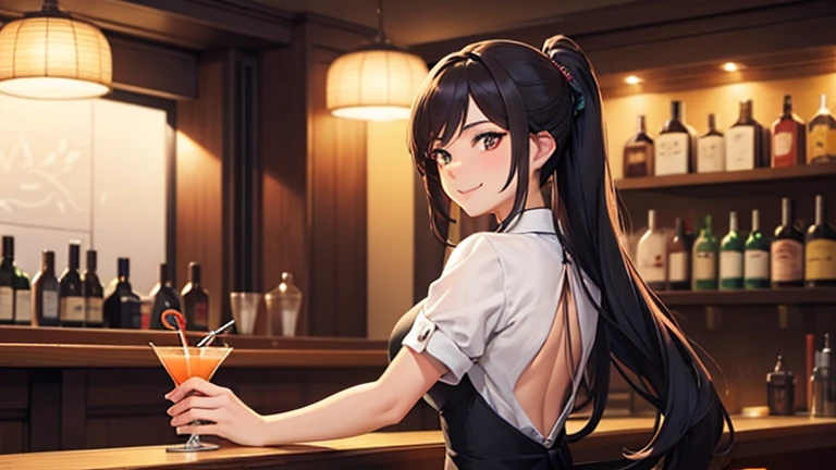 ((masutepiece)), ((Best Quality)), (Ultra-detailed), ((Extremely detailed)), 4K, (8K), Best Quality, (Beautiful), Highly detailed game CG, a bar counter, mai shiranui, nffsw, Suit, Beautiful black hair,braid ponytail,ahoge, Beautiful black eyes, ((Beautiful eyes)), large full breasts, fingered gloves, lightsmile