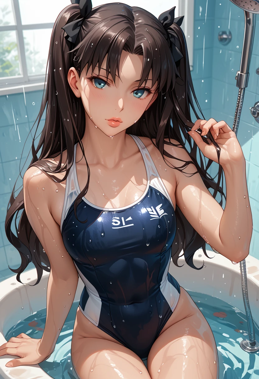 score_9, score_8_up, score_7_up, epiCPhoto, 1girl, solo, Tohsaka Rin, swimming school coach, long legs, wet body, wet, perfect hands, perfect body, perfect fingers, (seductive thighs), (navy and white high cut swimsuit:1.4), wet swimsuit, daytime, (taking a shower in a luxury resort hotel bathroom), looking at viewer, (face focus), cute, flirt, gaze, sexy look, half-closed eyes, head tilt, filled lips, thick lips, sexy look pose.