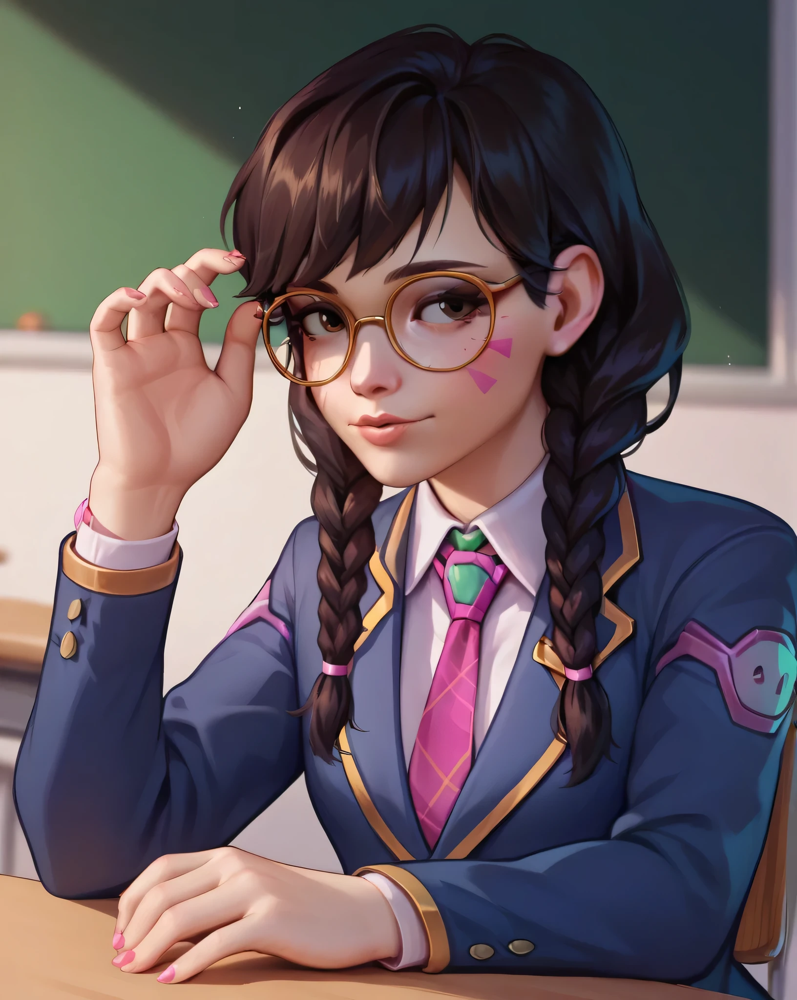 score_9, score_8_up, score_7_up,score_6_up, score_5_up, 2.5d, highly detailed,1girl, solo focus, medium shot , academy dva, glasses , twin braids, classroom background