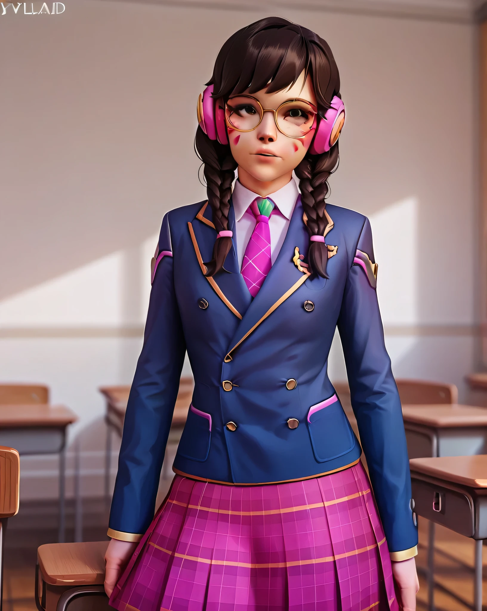 score_9, score_8_up, score_7_up,score_6_up, score_5_up, 2.5d, highly detailed,1girl, solo focus, medium shot , academy dva, glasses , twin braids, classroom background, school uniform, double-breasted suit, standing, skirt, necktie