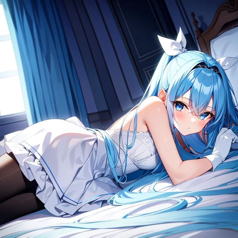 Blue hair, bangs pinned back, blue hair ribbon, Heart-shaped pupils, cheerfulness, Anime, Masterpiece,Blue ribbon, seductive anime girls, anime moe art style, Anime! Slim legs cartoon style，Bed scene，Barefoot，White leg rings，blue tint，Lace white dress girl bare legs bare shoulders hair ornament flowers，heart - shaped pupils，Long eyelashes， white skin with parted lips