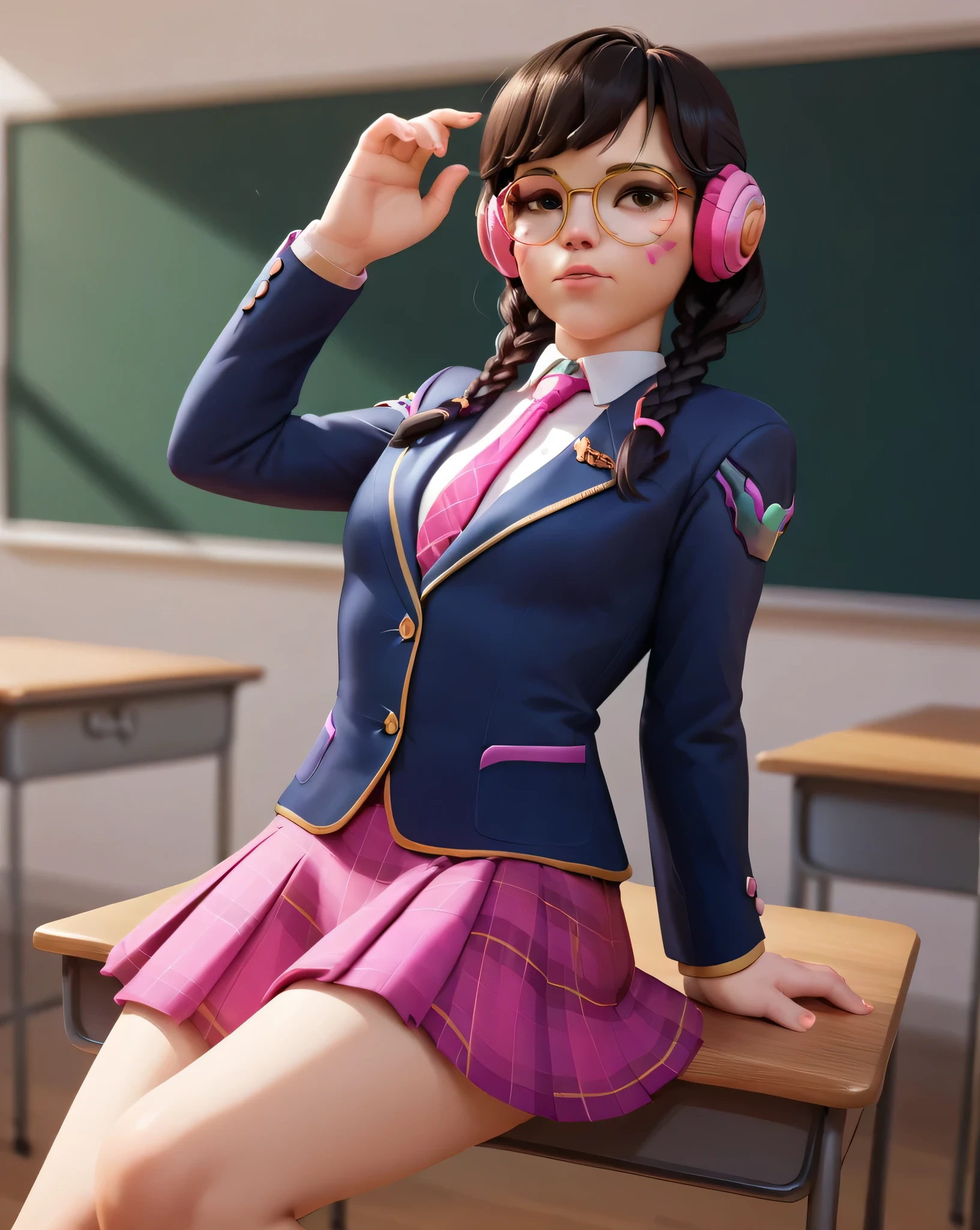 score_9, score_8_up, score_7_up,score_6_up, score_5_up, 2.5d, highly detailed,1girl, solo focus, medium shot , academy dva, glasses , twin braids, classroom background, skirt, blazer, necktie