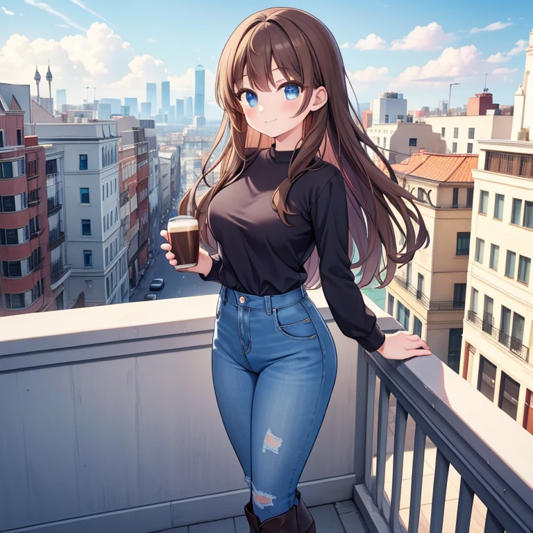 Masterpiece, best quality, high quality, 1girl, Solo, standing on a balcony, with a cup of coffee, lofi girl aesthetic, has Long brown hair, has Blue eyes, wears a Blue shirt with farmer jeans, wears boots, has slim body, has medium breasts, pretty face, Smile, looking at the city, anime scenery, roof background, in the city, sunny day