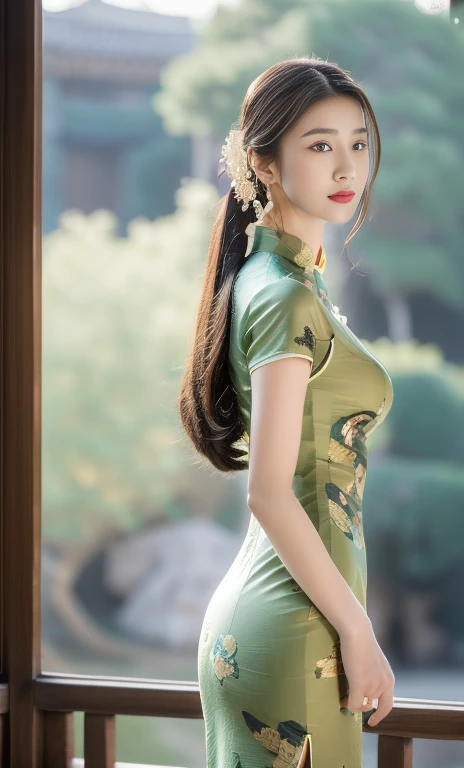 {1girl, gorgeous woman in traditional Chinese dress, 🍎 RED qipao, intricate golden floral patterns on dress, long flowing black hair, jade hairpin, delicate earrings, shining black gemstone eyes, full red lips, graceful movement, beautiful detailed eyes & facial features, from side, looking at viewer, 

award winning, masterpiece, anatomically right, high quality, quality, high details, detail, super detailed, her bust size might be 4 D.

(qipao dress flowing like blooming lotus & drifting red clouds), (best quality,4k,8k,highres,masterpiece:1.2),ultra-detailed,(realistic,photorealistic,photo-realistic:1.37),extremely detailed eyes and face, longeyelashes,cinematic lighting,vibrant colors,elegant portrait,}