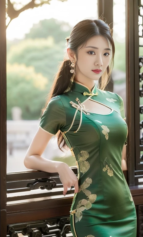 {1girl, gorgeous woman in traditional Chinese dress, 🍎 RED qipao, intricate golden floral patterns on dress, long flowing black hair, jade hairpin, delicate earrings, shining black gemstone eyes, full red lips, graceful movement, beautiful detailed eyes & facial features, from side, looking at viewer, 

award winning, masterpiece, anatomically right, high quality, quality, high details, detail, super detailed, her bust size might be 4 D.

(qipao dress flowing like blooming lotus & drifting red clouds), (best quality,4k,8k,highres,masterpiece:1.2),ultra-detailed,(realistic,photorealistic,photo-realistic:1.37),extremely detailed eyes and face, longeyelashes,cinematic lighting,vibrant colors,elegant portrait,}