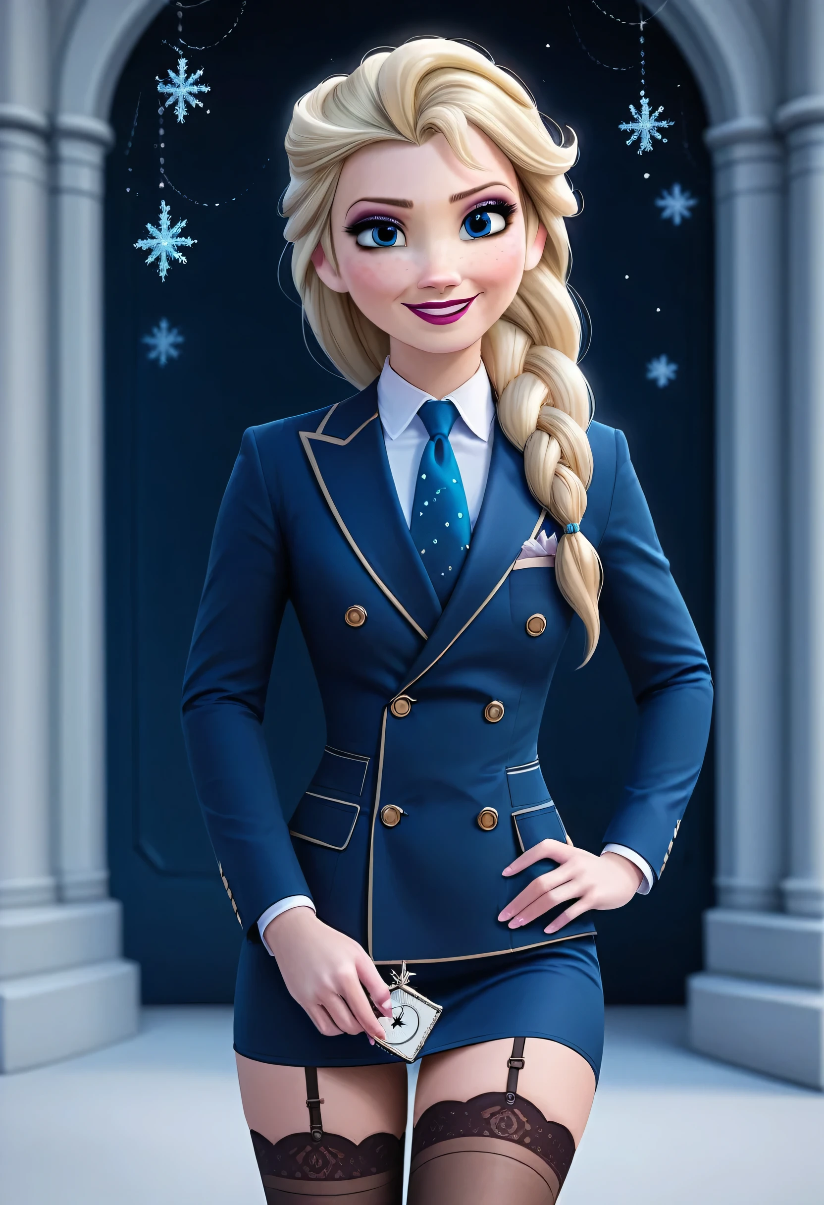 masterpiece,best quality, highly detailed, score_9, score_8_up, score_7_up, score_6_up,source_Anime,BREAK
elsa, 1girl, elsa (frozen), solo, blue eyes, blonde hair, long hair, skirt suit, three-piece suit, dress shirt, necktie, blazer, suit jacket, waistcoat, double-breasted waistcoat, bodycon miniskirt, stockings, pocket square, cufflinks, makeup, freckles, smile, lipstick, snowflakes, single braid,