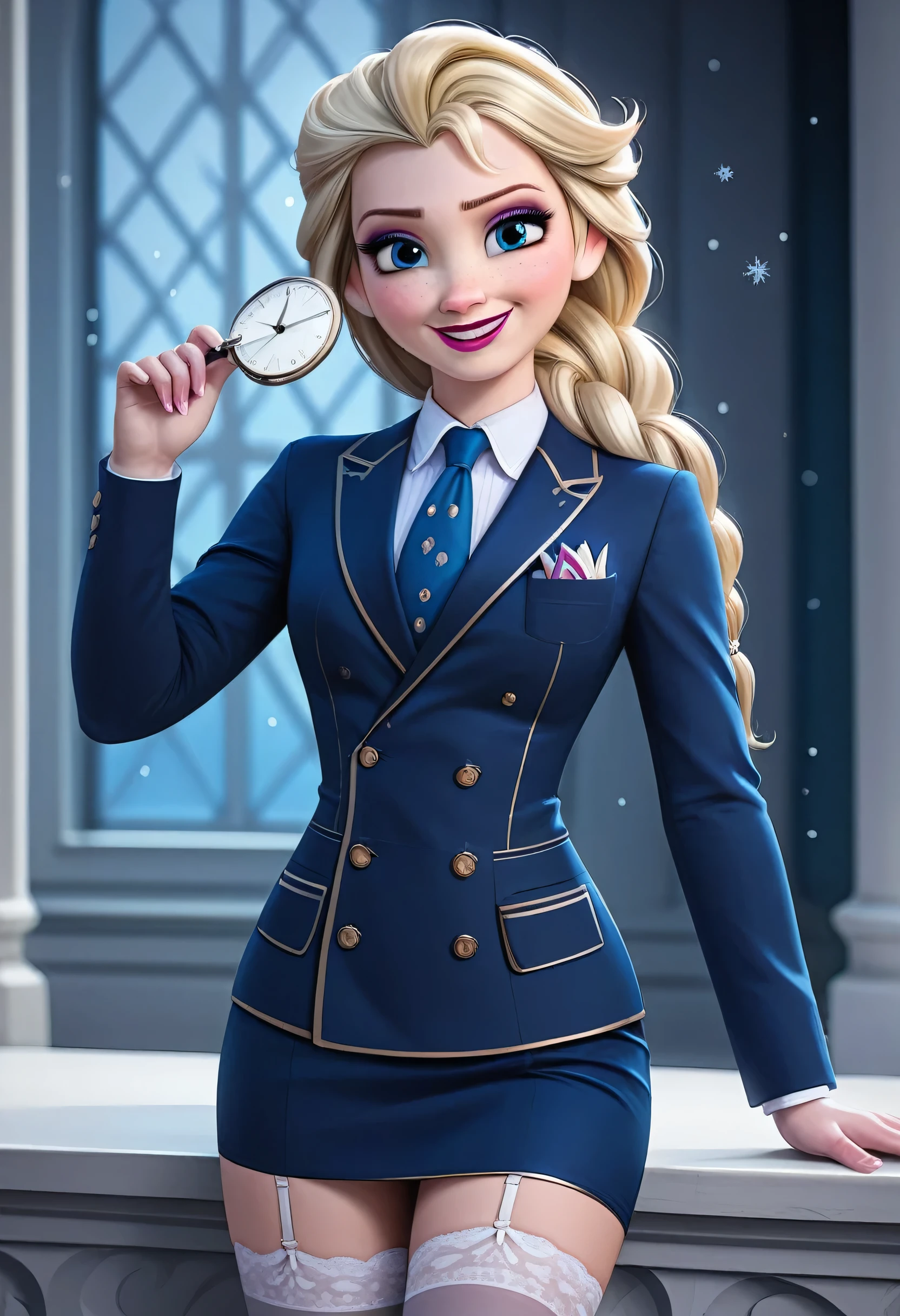 masterpiece,best quality, highly detailed, score_9, score_8_up, score_7_up, score_6_up,source_Anime,BREAK
elsa, 1girl, elsa (frozen), solo, blue eyes, blonde hair, long hair, skirt suit, (((three-piece suit))), (((dress shirt))), (((necktie))), (((blazer))), (((suit jacket))), ((waistcoat)), double-breasted waistcoat, (((bodycon miniskirt))), stockings, pocket square, cufflinks, makeup, freckles, smile, lipstick, single braid,