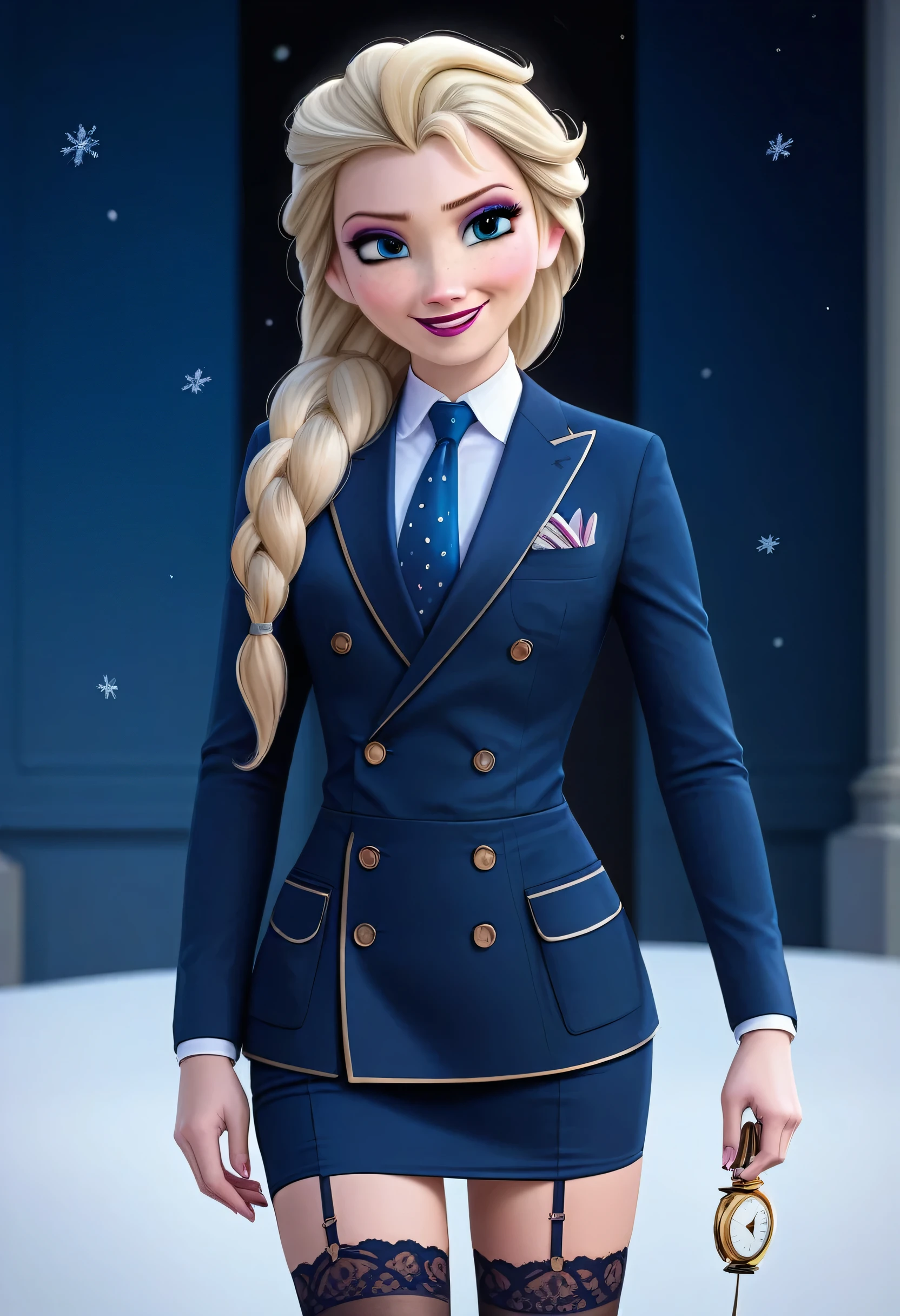 masterpiece,best quality, highly detailed, score_9, score_8_up, score_7_up, score_6_up,source_Anime,BREAK
elsa, 1girl, elsa (frozen), solo, blue eyes, blonde hair, long hair, skirt suit, three-piece suit, dress shirt, necktie, blazer, suit jacket, waistcoat, double-breasted waistcoat, bodycon miniskirt, stockings, pocket square, cufflinks, makeup, freckles, smile, lipstick, snowflakes, single braid,