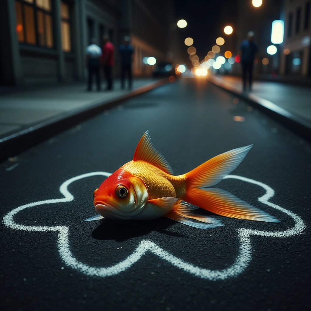 A highly detailed realistic image of a Goldfish lying dead on the asphalt on a busy city street at night. The body is surrounded with a white chalk outline depicting a crime scene.
