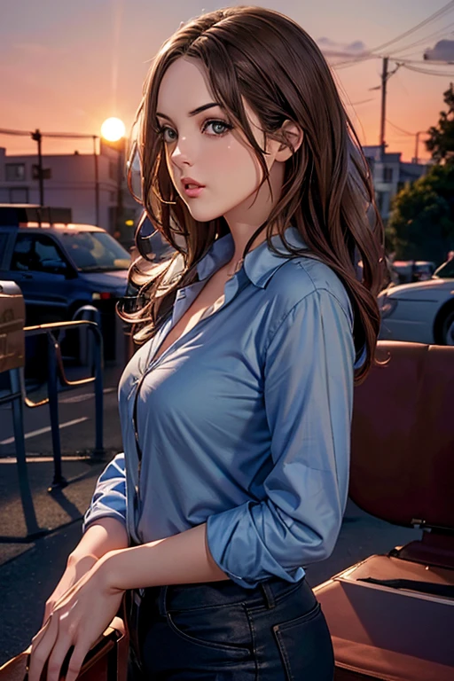 elizabeth gillies, dark brown hair, blue button-up shirt, white jens, half up, Looking at the audience, (High resolution of the highest quality), ((masterpiece best quality:1.2)), street on the background, sunset