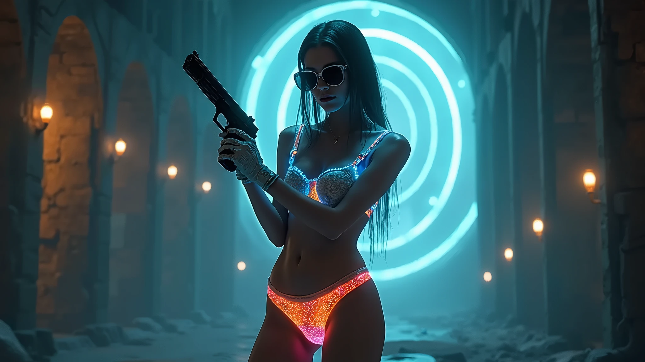 At night, aerial view of a mysterial outdoor altar, horror dark statue, a vortex cascading energy gateway in the distance with a tall staircase to cosmos heaven, fountain, waterfall, atmospheric fog, Matrix style, (1girl, solo), large-breast:1.3 D-cup slim body, cleavage:1.3, belly dancer costume, (mini VR sunglasses), ((holding a laser pistol)), standing, half-body thigh level medium shot, depth of field, cinematic lighting, ray tracing.