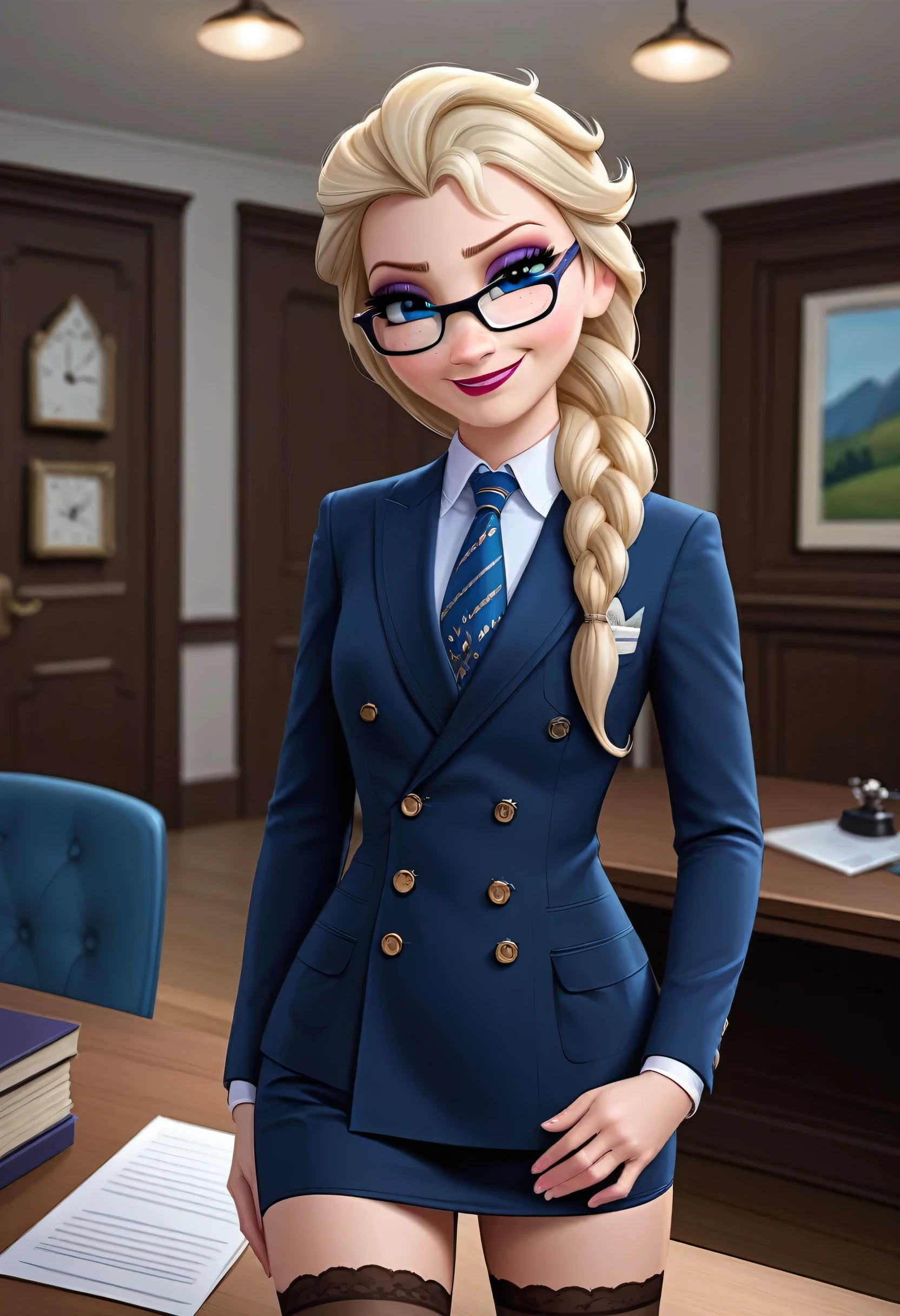masterpiece,best quality, highly detailed, score_9, score_8_up, score_7_up, score_6_up,source_Anime,BREAK
elsa, 1girl, elsa (frozen), solo, blue eyes, blonde hair, long hair, skirt suit, three-piece suit, dress shirt, necktie, blazer, suit jacket, waistcoat, double-breasted waistcoat, bodycon miniskirt, stockings, pocket square, cufflinks, makeup, freckles, smile, lipstick, office, single braid, smug, glasses, bedroom eyes, sexy, sultry