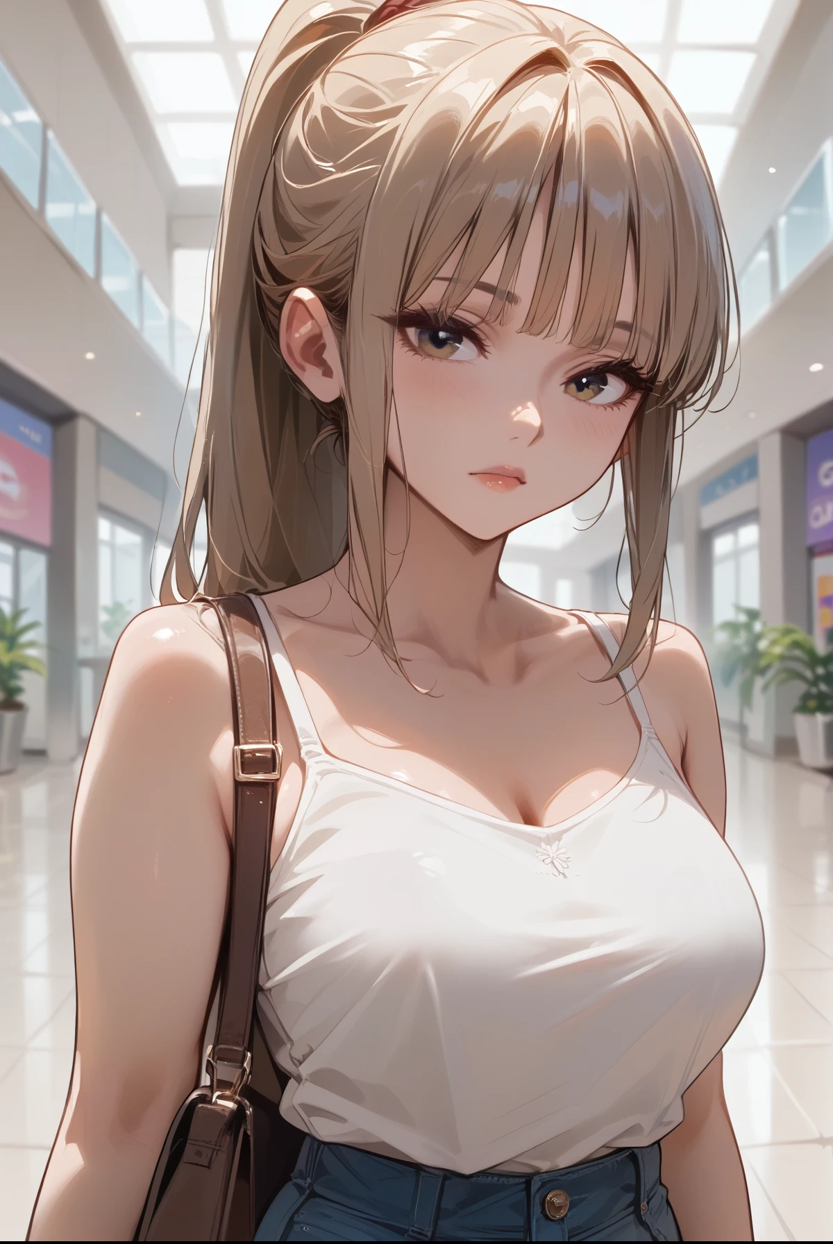 score_9, score_8_up, score_7_up, score_6_up,masterpiece, best quality, intricate details, 1girl, solo, mature female,light brown hair,blunt bangs, up close, high ponytail, upper body, (large, curvy breasts), slim waist, fair skin, slender body, white camisole, jeans, high heals, inside of a mall,