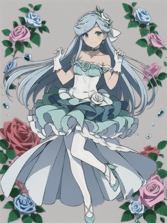 (((Best quality))),((Ultra-detailed)),((illustration)),((Disheveled hair)),((frilld)),(1 girl),(Solo),
1girl, Aqua blue hair, blue eyes, ankle ribbon, blue bow, blue dress, blue flower, blue footwear, blue ribbon, blue rose, bow, braid, braided bangs, bubble, choker, closed mouth, collarbone, crescent, dress, dress flower, earrings, earth \(planet\), flower, full body, gloves, green flower, green footwear, high heels, hydrangea, jewelry, leaf, long hair, looking at viewer, medium breasts, morning glory, pantyhose, petals, pink rose, planet, plant, pleated dress, pumps, purple flower, purple rose, rainbow, red rose, rose, rose petals, short sleeves, sleeveless, sleeveless dress, smile, solo, thorns, very long hair, vines, water drop, white flower, white gloves, white legwear, white rose, yellow rose, green skirt, skirt, High heel, White stockings