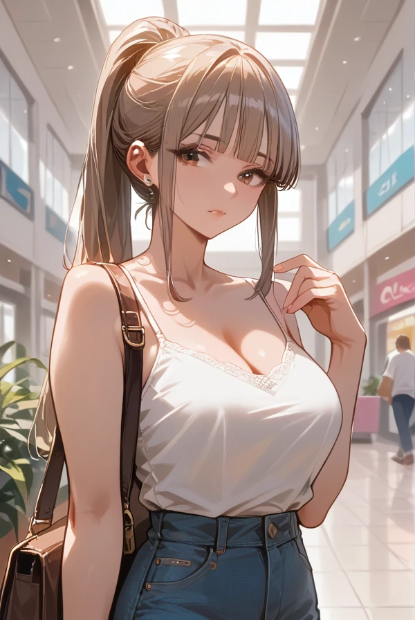 score_9, score_8_up, score_7_up, score_6_up,masterpiece, best quality, intricate details, 1girl, solo, mature female,light brown hair,blunt bangs, high ponytail, upper body, (large, curvy breasts), slim waist, fair skin, slender body, white camisole, jeans, high heels, inside of a mall,