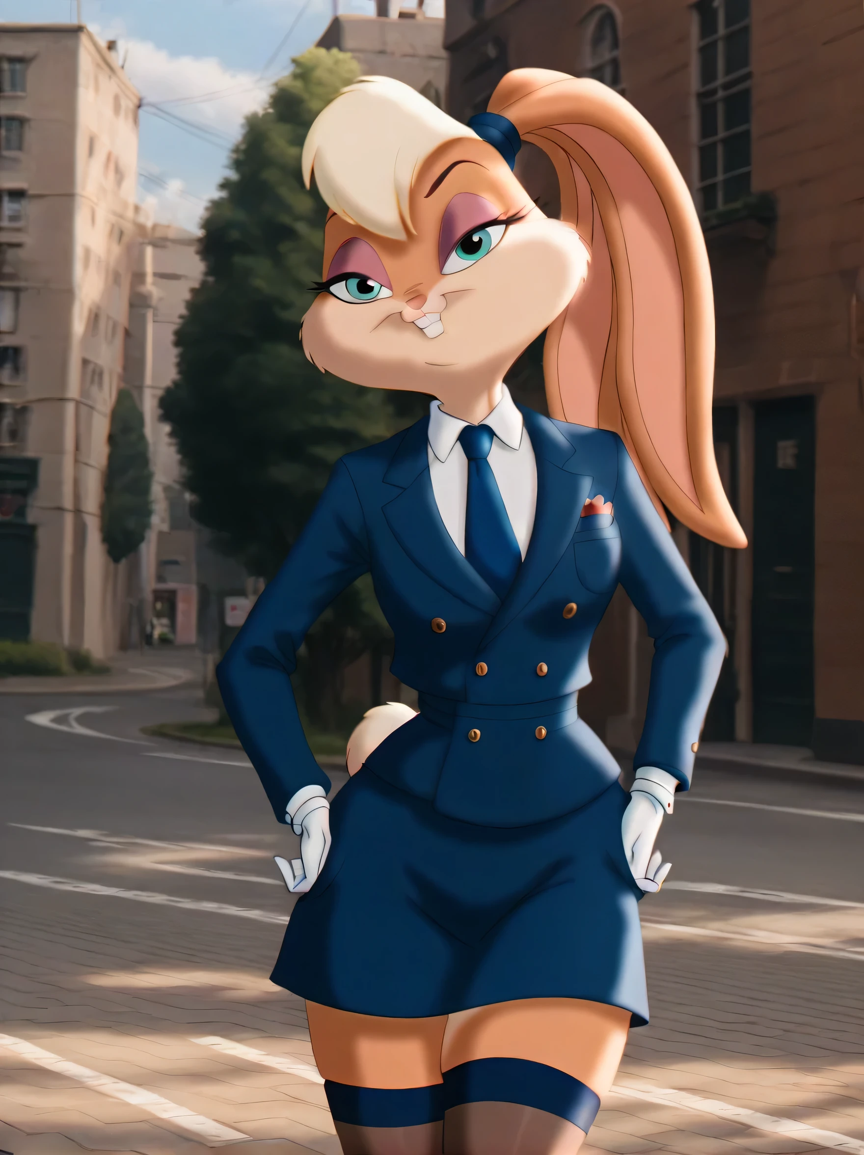 lolabunny, 1girl, solo, furry female, rabbit ears, rabbit girl, animal nose, skirt suit, three-piece suit, dress shirt, necktie, blazer, suit jacket, waistcoat, double-breasted waistcoat, bodycon miniskirt, stockings, pocket square, cufflinks, blue eyes, body fur, standing, tail, buck teeth,cowboy shot,smile,looking at viewer, outdoors, score_9, score_8_up, score_7_up, score_6_up, score_5_up, score_4_up   