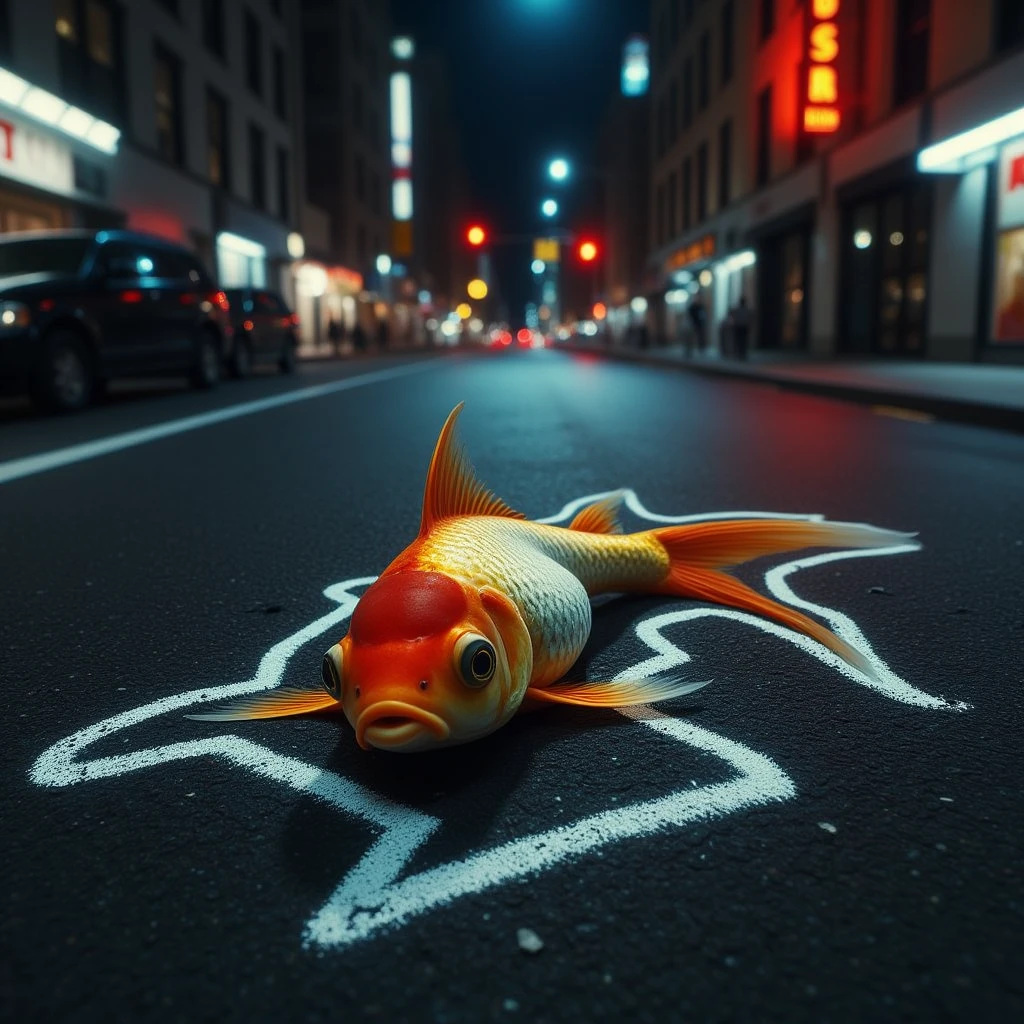 A highly detailed realistic image of a Goldfish lying dead on the asphalt on a busy city street at night. The body is surrounded with a white chalk outline depicting a crime scene.
