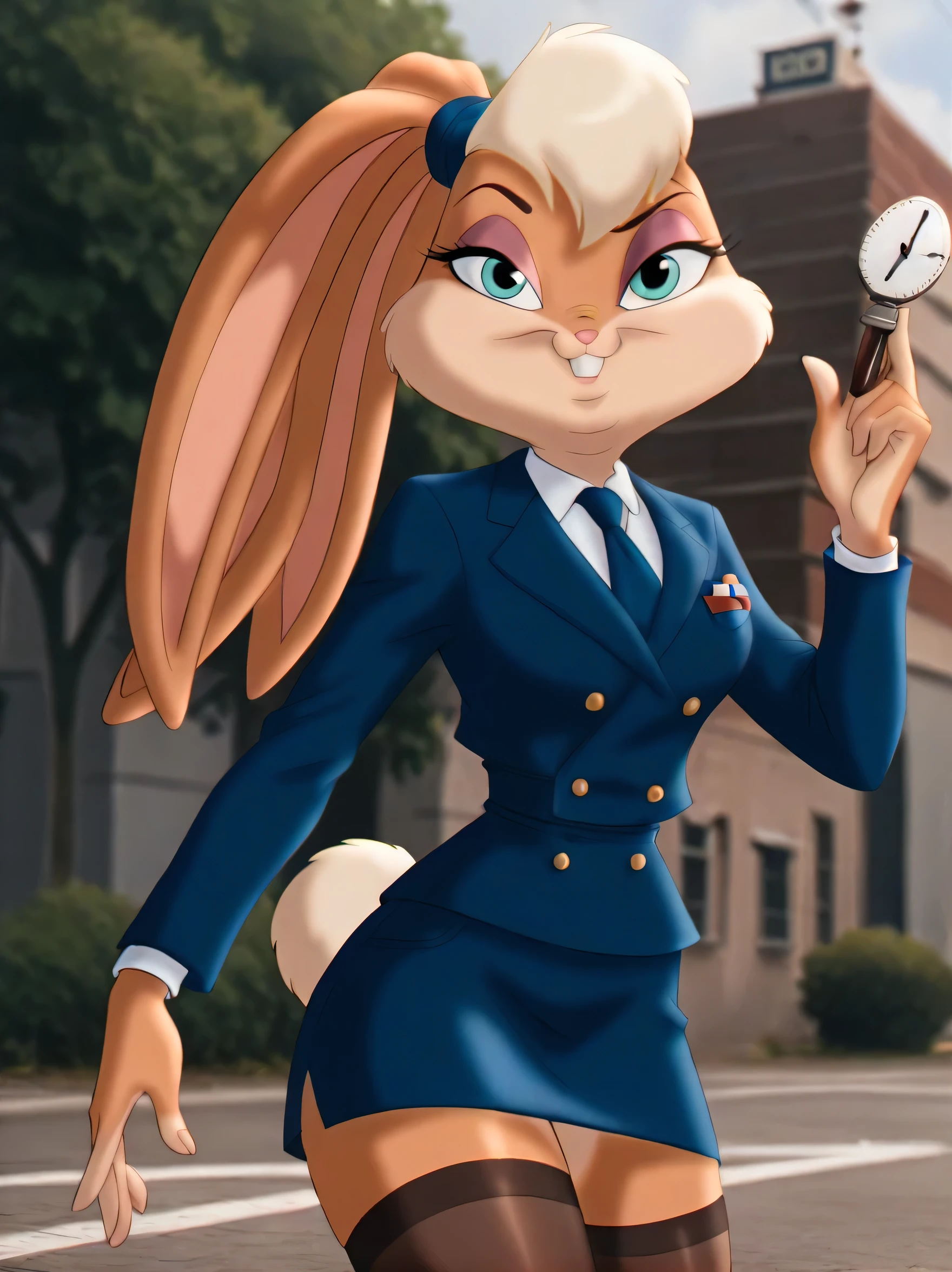 lolabunny, 1girl, solo, furry female, rabbit ears, rabbit girl, animal nose, skirt suit, three-piece suit, dress shirt, necktie, blazer, suit jacket, waistcoat, double-breasted waistcoat, bodycon miniskirt, stockings, pocket square, cufflinks, blue eyes, body fur, standing, tail, buck teeth,cowboy shot,smile,looking at viewer, outdoors, score_9, score_8_up, score_7_up, score_6_up, score_5_up, score_4_up   