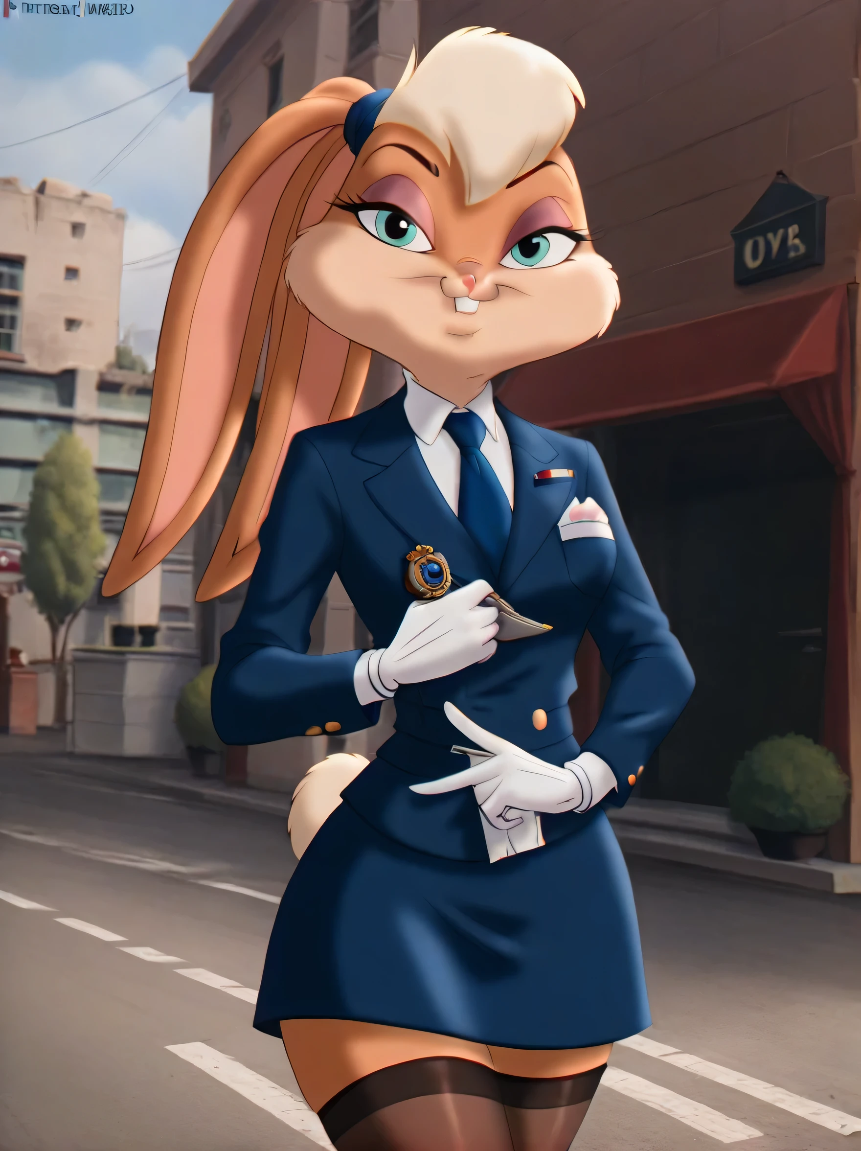 lolabunny, 1girl, solo, furry female, rabbit ears, rabbit girl, animal nose, skirt suit, three-piece suit, dress shirt, necktie, blazer, suit jacket, waistcoat, double-breasted waistcoat, bodycon miniskirt, stockings, pocket square, cufflinks, blue eyes, body fur, standing, tail, buck teeth,cowboy shot,smile,looking at viewer, outdoors, score_9, score_8_up, score_7_up, score_6_up, score_5_up, score_4_up   