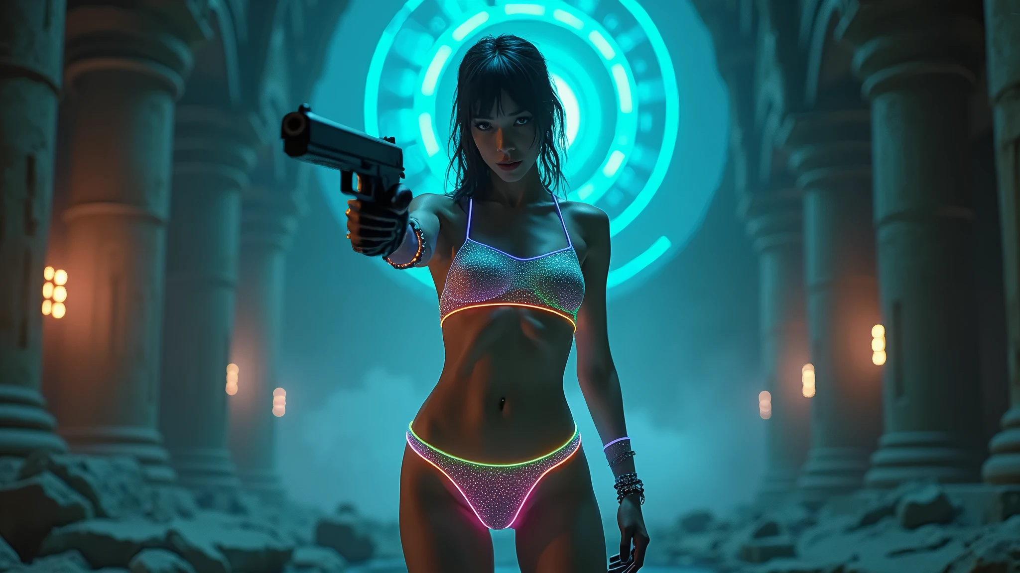 C7b3rp0nkStyle, dark night, prehistoric maze mysterial garden, moai statue, waterfall, cyberpunk, sci-fi, futuristic, tech. (((((1girl, solo, alone))))), medium-breast:1.1 slim body, cleavage, sexy clothes, (headphone, black sunglasses, long black realistic hair), (((hip-up standing and holding pistol))), half-body thigh level medium shot, cinematic lighting, lens flare, ray tracing.