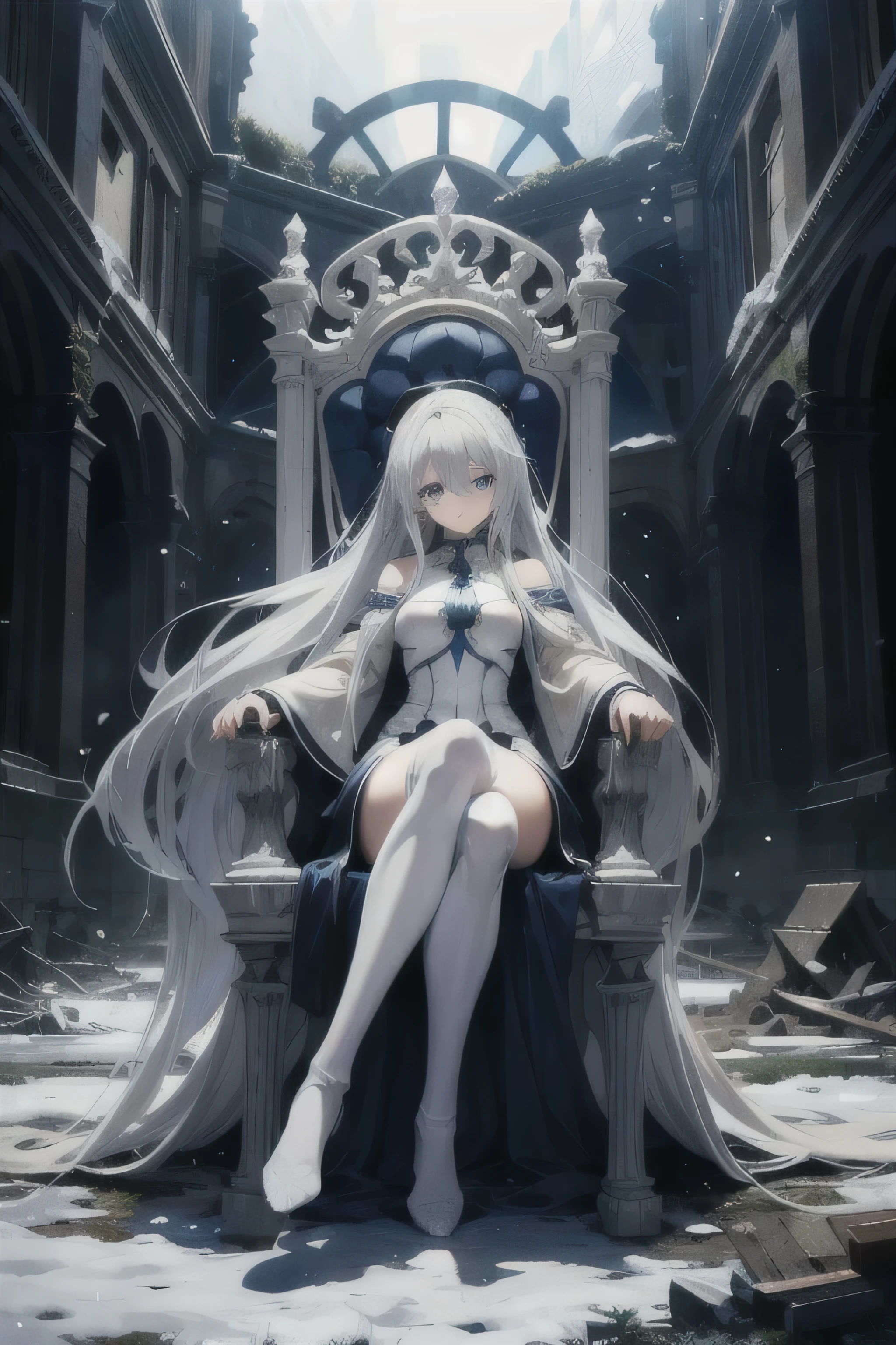 An anime female with dark blue eyes and very long white hair wearing a high-leg mecha suit sitting on a throne in a ruined medieval ruins during a snowy winter.