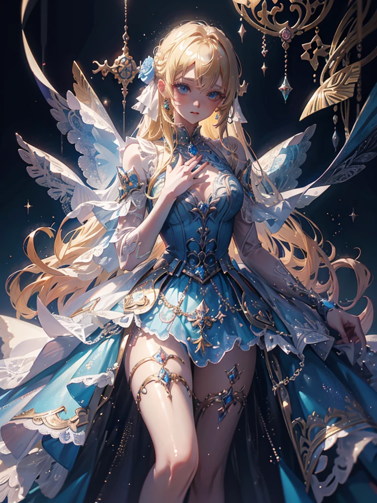 Anime girl wearing a blue dress，Blonde, Blonde Princess, Anime fantasy illustration, Anime fantasy artwork, Beautiful fantasy anime, Kshat Krentz Key Art Female, Beautiful anime artwork, Blonde anime girl with long hair, anime art wallpaper 8k, 美しいアニメアートanime art wallpaper 4k, anime art wallpaper 4k，Gveiz, Anime Style 4K(Anatomically correct
)