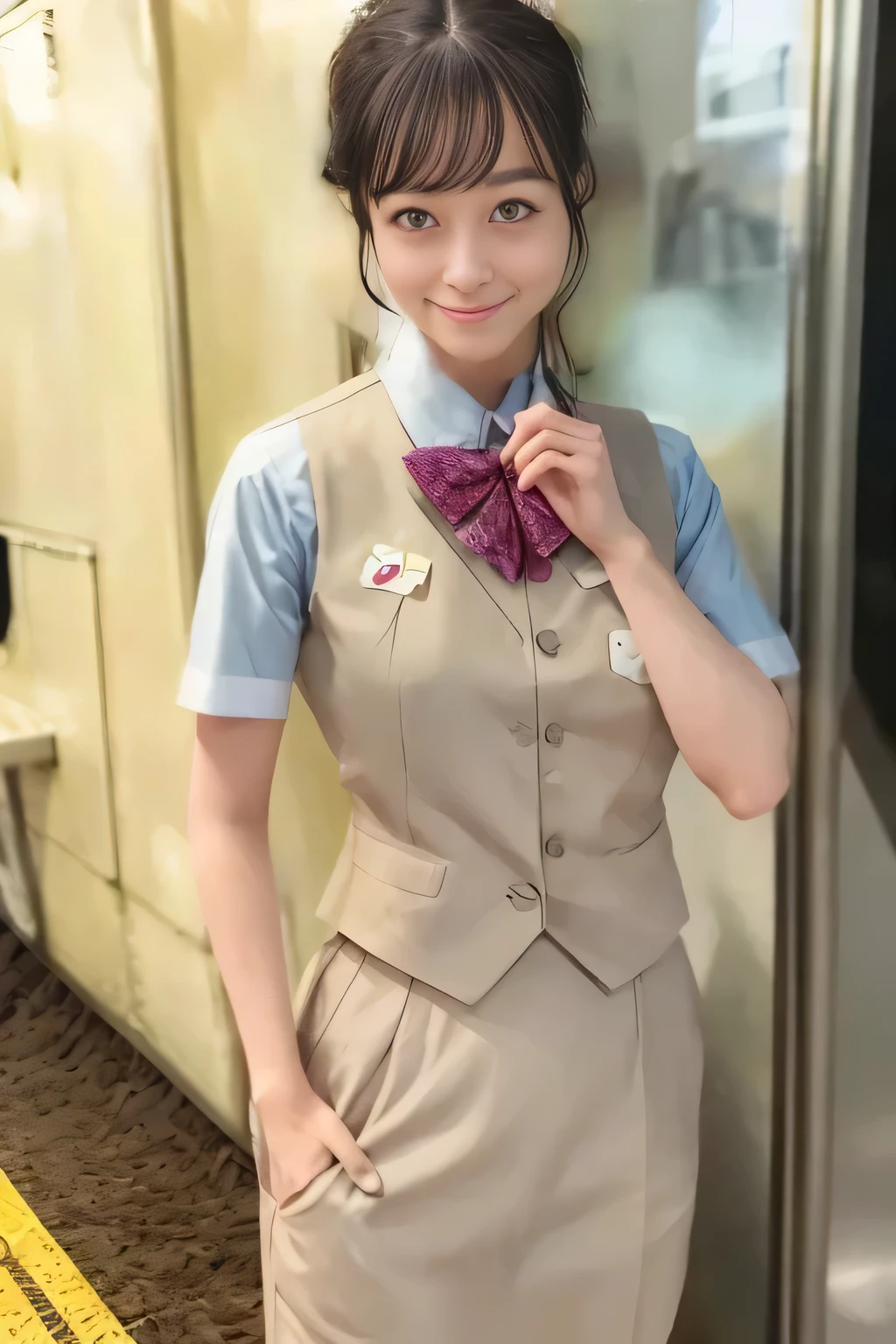 (masterpiece:1.2, Best Quality:1.2), 32K HDR, High resolution, (Alone、1 girl)、（On the roof of a building during the day、Professional Lighting）、Building rooftop background、（Real style of JR Woman wearing train crew uniform beige）、（（JR Female Train Crew Uniform Beige Light Blue Blouse Short Sleeve 、 Knee-length culottes skirt、Beige vest、scarf））、Dark brown hair、（Long Hair、Hair tied up、Hair tied up）、Dark brown hair、Long Shot、Big Breasts、Thin legs、（（Great hands：2.0）），（（Harmonious body proportions：1.5）），（（Normal limbs：2.0）），（（Normal finger：2.0）），（（Delicate eyes：2.0）），（（Normal eyes：2.0））)、smile、（JR Woman Train crew uniform beigeのKnee-length culottes skirtを見せた美しい立ち姿）、Hands down