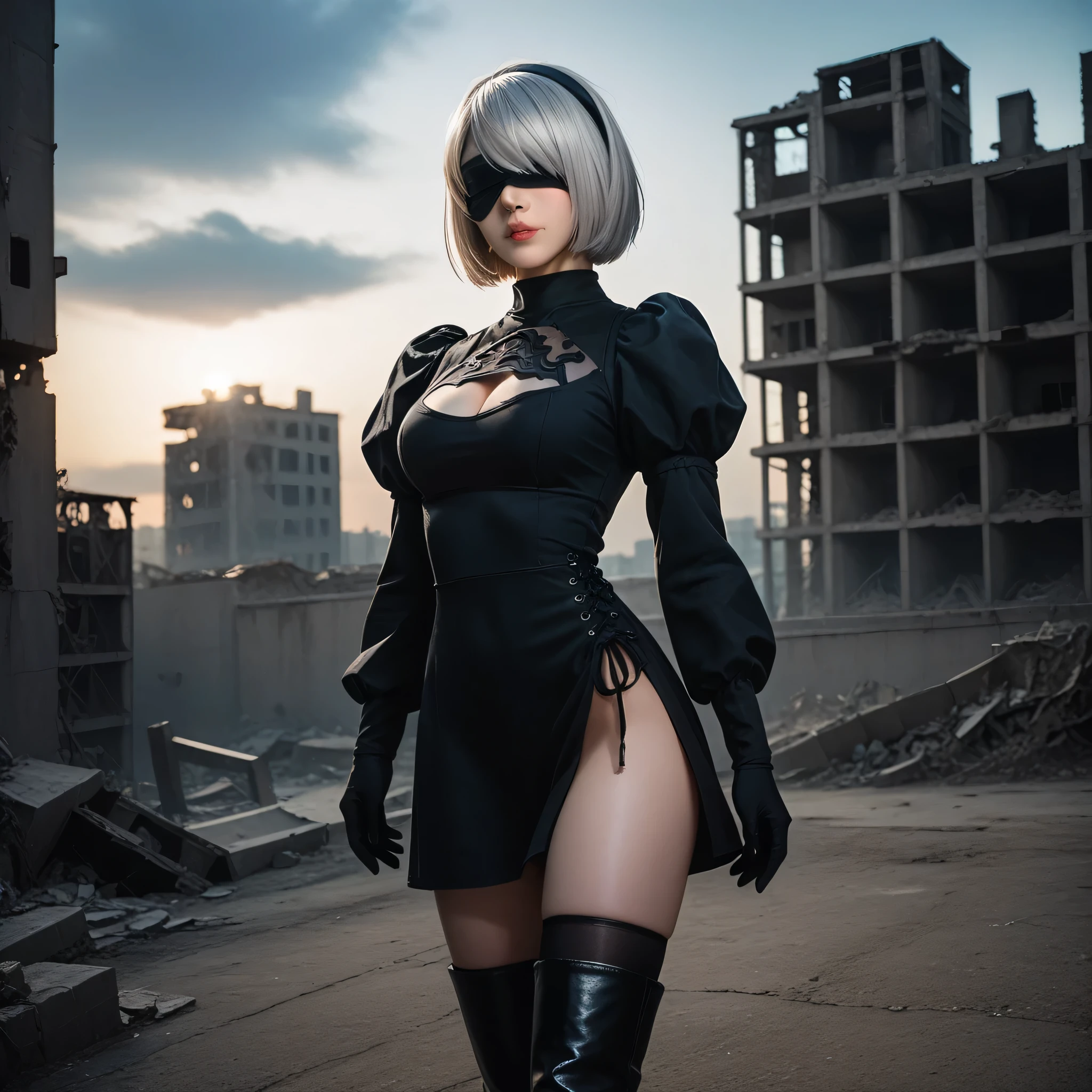 score_9, score_8_up, score_7_up, 32k,masterpiece, highest quality, 
photo realistic, super detail, vibrant colors, chiaroscuro lighting, cinematic lighting,
1 woman inspired nier automata 2B,
bob cut, silver hair, mole under mouth, black hairband, black blindfold, covered eyes,
black dress, long sleeves,  Juliet sleeves, cleavage cutout, black gloves, puffy sleeves, black thigh-high under boots,
ruins of factory, destroyed industrial complex, dark cloudy sky,
seductive pose, cinematic angle,