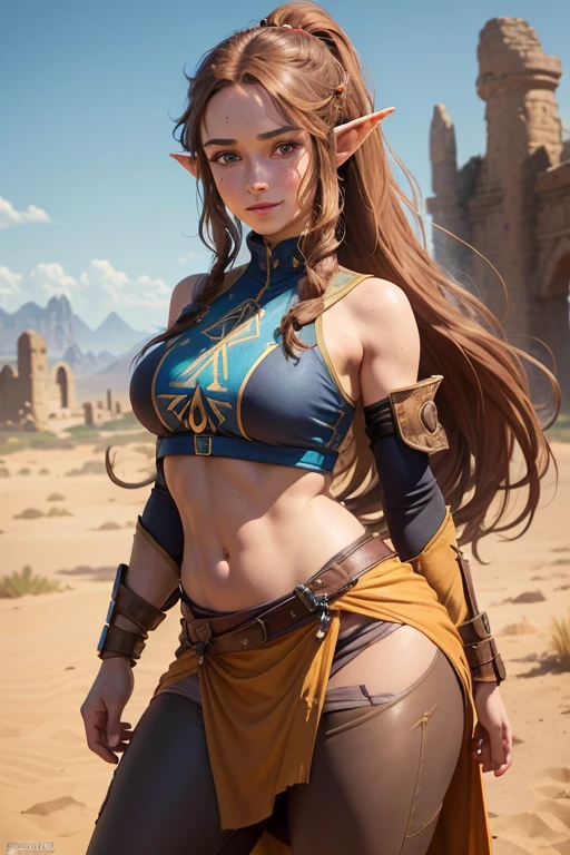 realistic, photorealistic, (((detailed cameltoe))), (masterpiece:1.5), best quality, highres, (hyperrealistic:1.1), 4k, 8k, navel, (belly fat), (pubic hair), puffy pussy, puffy nipples, (areolae), ((glossy skin)), (subsurface scattering),  girl, (skindentation:1.3), ripped body, light fair skin, (shiny skin:1.2), (perfect face:1.6), (beautiful face:1.5), (big eyes:1.3), blue eyes, perfect eyes, eyelashes, lips, mid-thigh length straight Chestnut Brown hair, huge breasts, (narrow waist:1.3), small ass, wide hips, (horns), warrior, noble, champion, knight, paladin, (((shiny colored plat armor))), , (spandex), (panty), see through clothings, hair ornament, necklace, earrings, bracelet, armlet, A place full of sand scattered with dry branches and very arid, 3/4 shot,evil