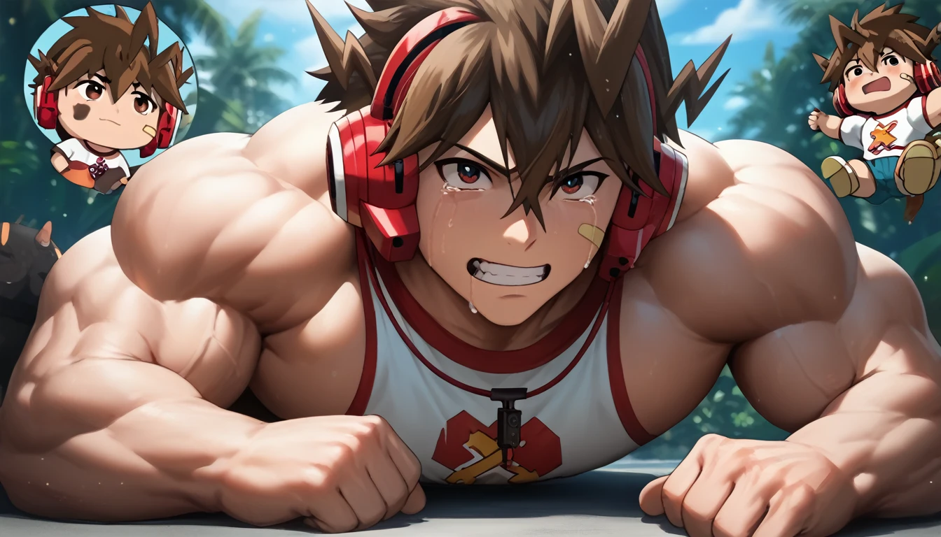 Highest quality,Anatomical,Huge muscles,TodorokiKakeruPerson,brown hair,brown eyes,spiked hair,headphones,hair between eyes,ahoge,bandaid on face,bandaid,whole body,Very huge erect penis,Crying face,Showing off your penis,Massive ,Chibi,Anal Sex,Face suffering from pain,Shake hard,doggy style,