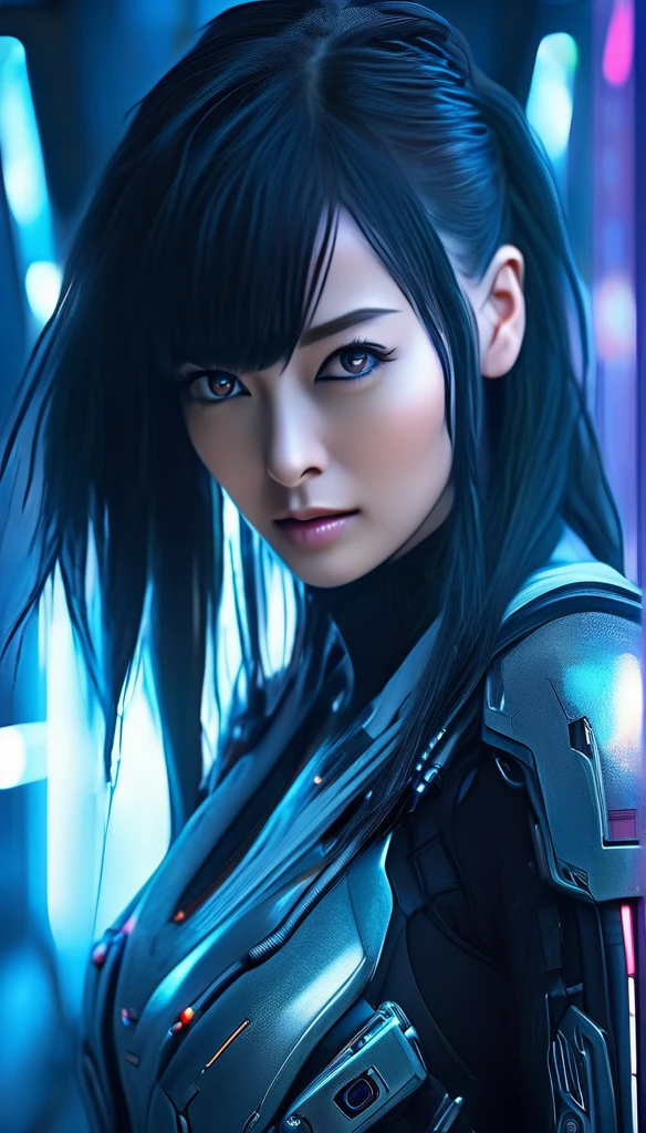 A woman wearing cyber armor, (((She is holding a beam rifle gun in her hand))), Cyberpunk Android，Full body photo, Superior quality through precise drawings, 8k,Sparkling blue eyes,  High resolution, 超High resolution, Best Quality, Shortcuts, Cinematic Lighting Effects, 未来的な美しいBlack Hairの女性, Shining Blue Eyes, Cyberpunk style woman, (((High tech spaceship interior with blue light illumination))), High-quality images、Black Hair, Shortcuts, Large Breasts, Unreal Engine,