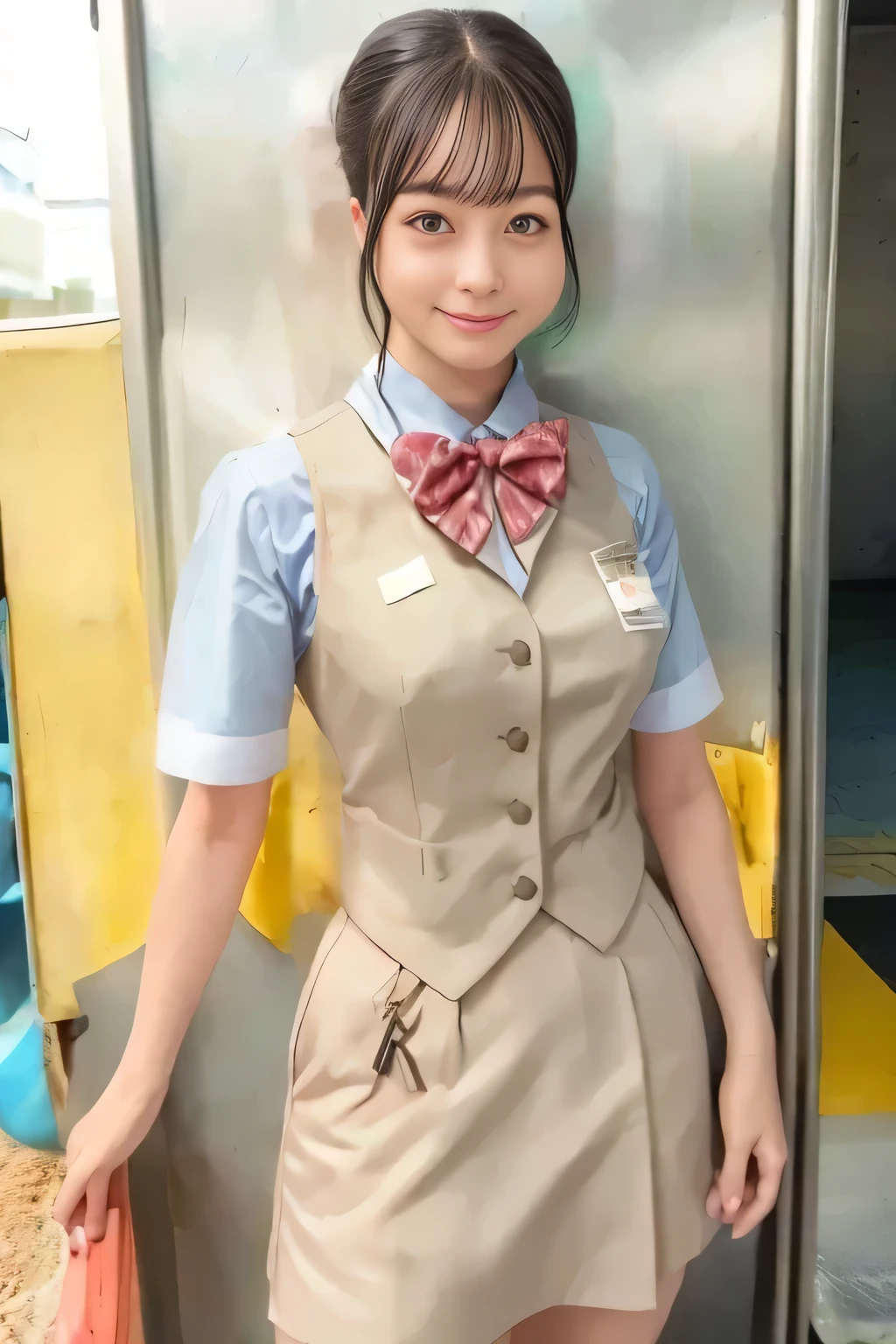 (masterpiece:1.2, Best Quality:1.2), 32K HDR, High resolution, (Alone、1 girl)、（On the roof of a building during the day、Professional Lighting）、Building rooftop background、（Real style of JR Woman wearing train crew uniform beige）、（（JR Female Train Crew Uniform Beige Light Blue Blouse Short Sleeve 、 Knee-length culottes skirt、Beige vest、scarf））、Dark brown hair、（Long Hair、Hair tied up、Hair tied up）、Dark brown hair、Long Shot、Big Breasts、Thin legs、（（Great hands：2.0）），（（Harmonious body proportions：1.5）），（（Normal limbs：2.0）），（（Normal finger：2.0）），（（Delicate eyes：2.0）），（（Normal eyes：2.0））)、smile、（JR Woman Train crew uniform beigeのKnee-length culottes skirtを見せた美しい立ち姿）、Hands down