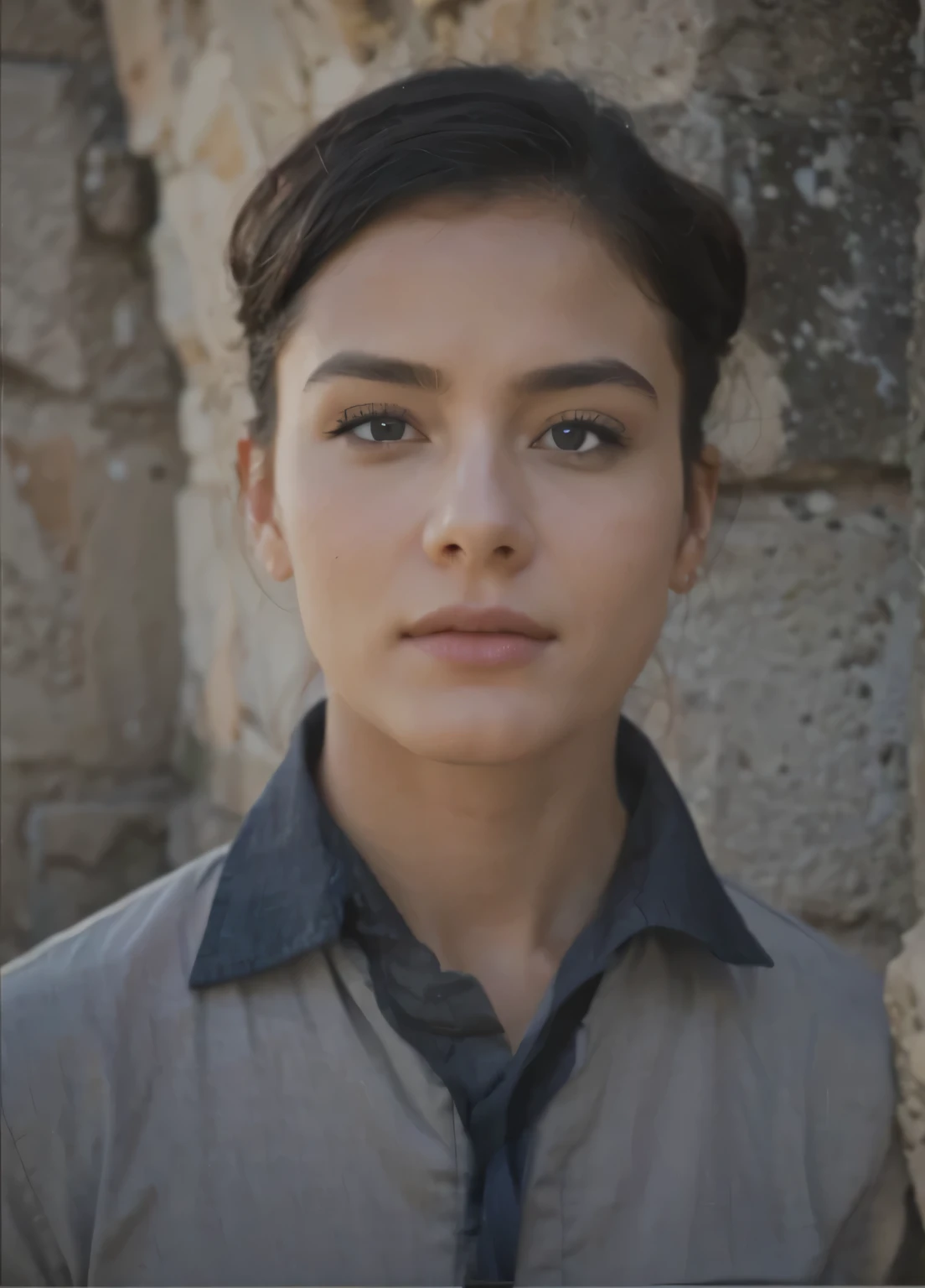 There is a woman that is standing in front of a stone wall - SeaArt AI