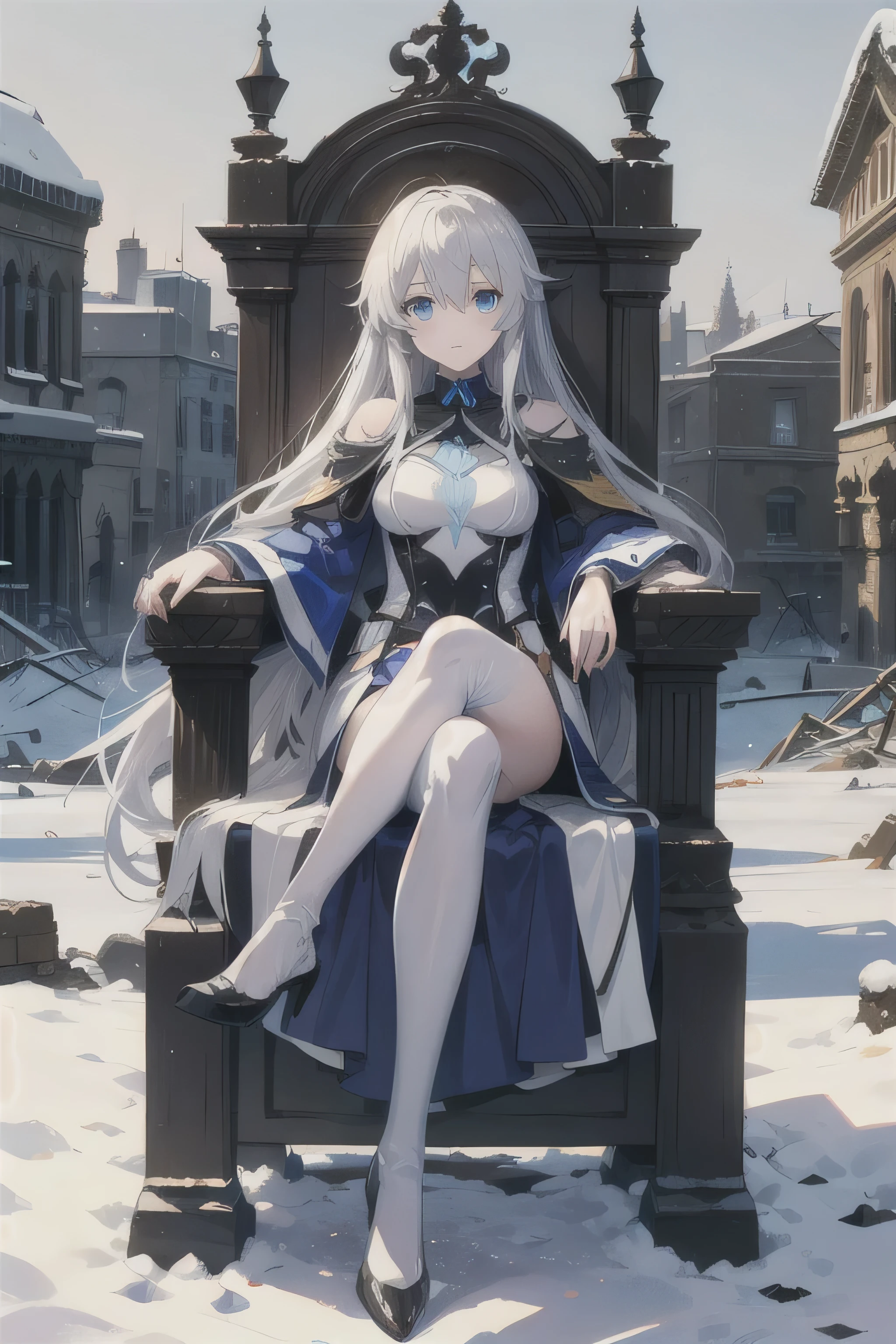 an deep blue eyed and very long white haired anime lady wearing highleg mech suit, sits on a throne where is in a destroyed ancient ruins in snowy winter