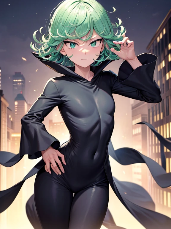 Masterpiece, best quality, ultra detailed, illustration, lighting epic, cinematic composition, 1 girl, Tatsumaki, short hair, green hair, very small breasts, green eyes, bright eyes, smiling, blushing, closed mouth, piercing gaze, full body, black scarf, bandage covering his mouth, 1 scratch on his right eye, pointy hood, torn black coat that covers everything, baggy sleeves, tall, thin, torn sleeves, white marks on his coat in a zig zag pattern, black fingers, black wristbands with white circles, black tentacles coming out of his coat, warlock, brooch with an eye symbol on his coat, black baggy pants, black boots, floating through the city, city background, night, anime