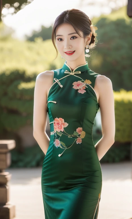 {1girl, gorgeous woman in traditional Chinese dress, traditional Qipao, Traditional Cheongsam, floral patterns, long flowing black hair, jade hairpin, delicate earrings, beautiful round eyes, full red lips, graceful movement, beautiful detailed eyes & facial features, looking at viewer, natural poses, kind smile,

award winning, masterpiece, anatomically right, high quality, quality, high details, detail, super detailed, huge bust size, raw photo, movie still, 

(qipao dress flowing like blooming lotus & drifting red clouds), (best quality,4k,8k, high-resolution,masterpiece:1.2),ultra-detailed,(realistic,photorealistic,photo-realistic:1.37),extremely detailed eyes and face, long eye lashes,cinematic lighting,vibrant colors,elegant portrait, bokeh,}