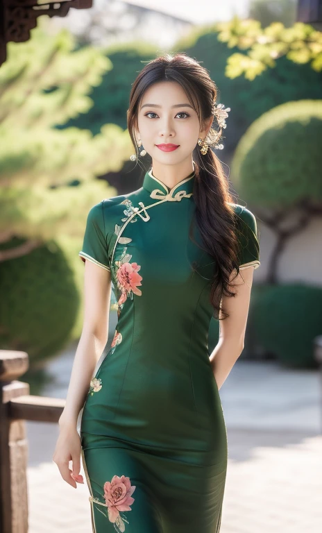 {1girl, gorgeous woman in traditional Chinese dress, traditional Qipao, Traditional Cheongsam, floral patterns, long flowing black hair, jade hairpin, delicate earrings, beautiful round eyes, full red lips, graceful movement, beautiful detailed eyes & facial features, looking at viewer, natural poses, kind smile,

award winning, masterpiece, anatomically right, high quality, quality, high details, detail, super detailed, huge bust size, raw photo, movie still, 

(qipao dress flowing like blooming lotus & drifting red clouds), (best quality,4k,8k, high-resolution,masterpiece:1.2),ultra-detailed,(realistic,photorealistic,photo-realistic:1.37),extremely detailed eyes and face, long eye lashes,cinematic lighting,vibrant colors,elegant portrait, bokeh,}