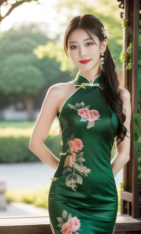 {1girl, gorgeous woman in traditional Chinese dress, traditional Qipao, Traditional Cheongsam, floral patterns, long flowing black hair, jade hairpin, delicate earrings, beautiful round eyes, full red lips, graceful movement, beautiful detailed eyes & facial features, looking at viewer, natural poses, kind smile,

award winning, masterpiece, anatomically right, high quality, quality, high details, detail, super detailed, huge bust size, raw photo, movie still, 

(qipao dress flowing like blooming lotus & drifting red clouds), (best quality,4k,8k, high-resolution,masterpiece:1.2),ultra-detailed,(realistic,photorealistic,photo-realistic:1.37),extremely detailed eyes and face, long eye lashes,cinematic lighting,vibrant colors,elegant portrait, bokeh,}