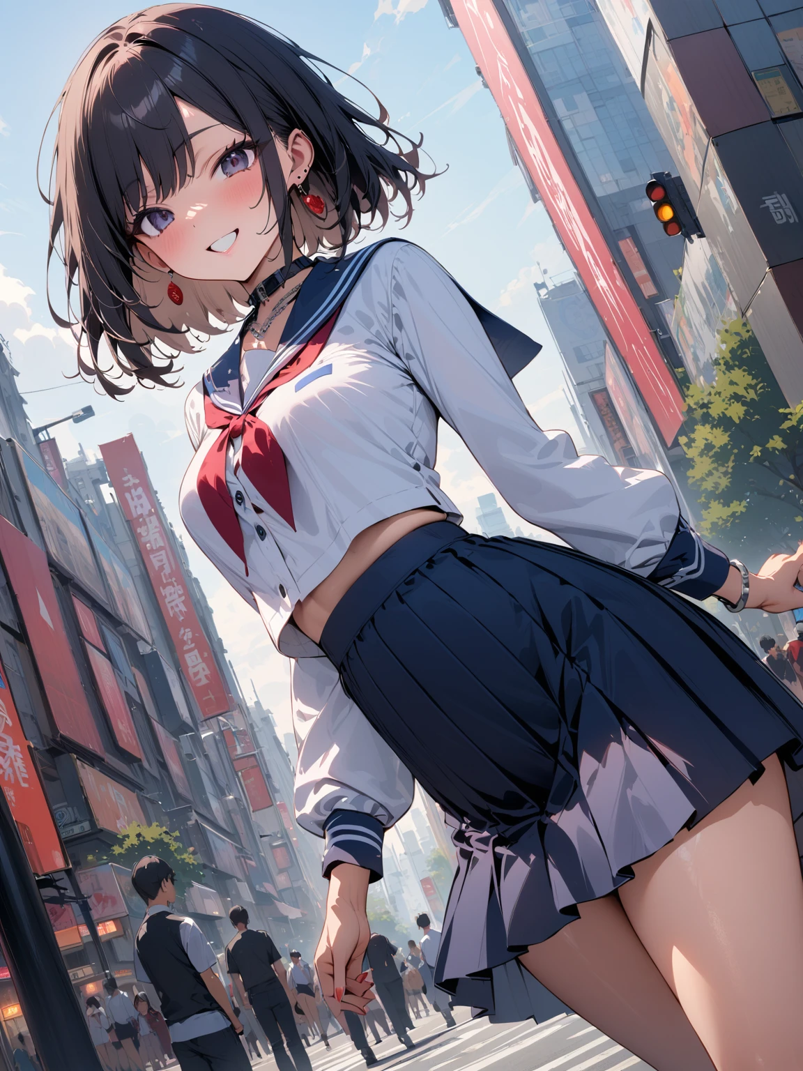 (Highest quality:1.2, Manga works, Manga style, Very detailed, Latest, Vibrant, digital coloring, High Contrast, masterpiece:1.2, Highest quality, Best aesthetics, There is), ((( 1 female:1.2))), Black Hair, Random hairstyle、Gradient Hair, Reddish brown eyes,(Sailor suit、White shirt、Pleated skirt、Cute panties:1.2)、necklace, Beautiful thighs, loafers、Open your mouth, smile, Random sexy poses, Cowboy Shot, Simple Background.Voluptuous bust、Camel Toe、Night view、Streetscape、Skirt gets flipped up、Panty shot、From below、Pussy juice:1.3、Black knee-high stockings