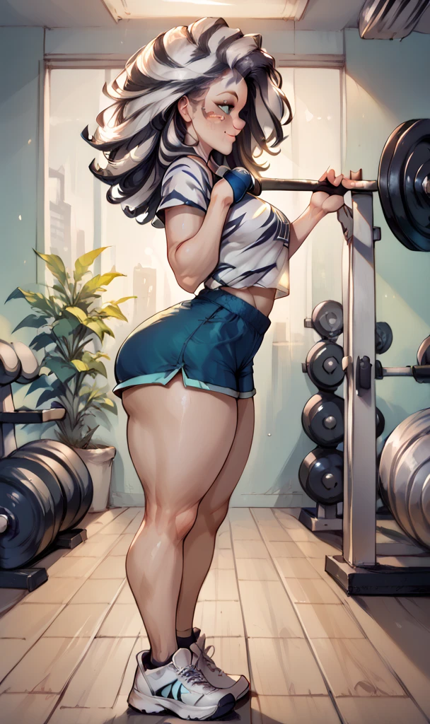 human woman, human, long fluffy hair, zebra hair, medium breasts, attractive, (zebra print clothes, blouse, shorts, white sneakers), shapely body, big thighs, big, freckles, freckles on face, blue eyes, (expression of joy), she is in the gym, training weight training, (side view),