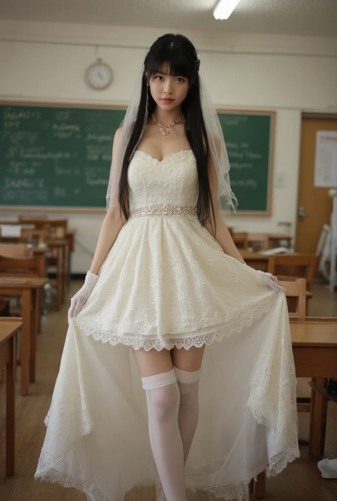 classroom,realistic,poster,Perfect female body,very_long_hair,black_hair/black_eyes,looking back,Skirt lift,bride, bridal veil, bridal gauntlets, wedding dress, bridal garter, bridal legwear, white thighhighs, stiletto heels,,stiletto heels,necklace,