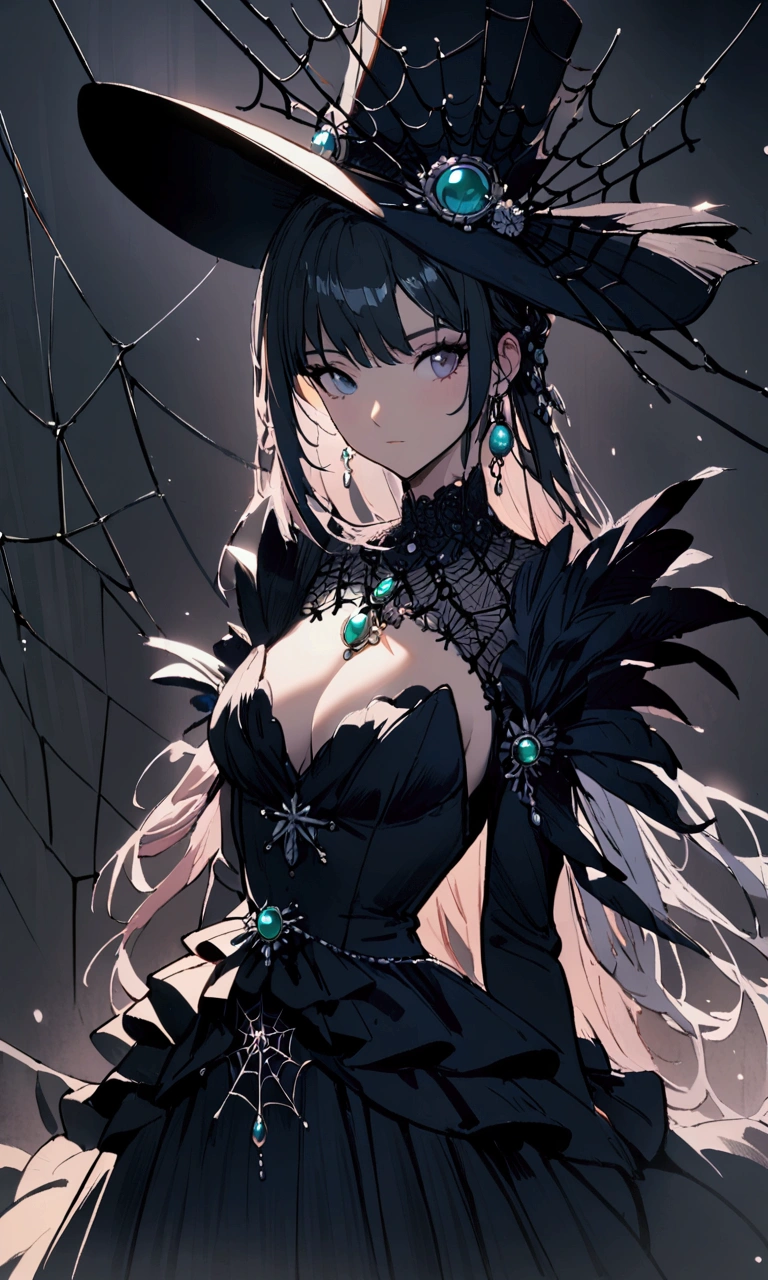 1girl,tuxedo,hat,elaborate dress,jewerly,neckless,looking to the back,spider web