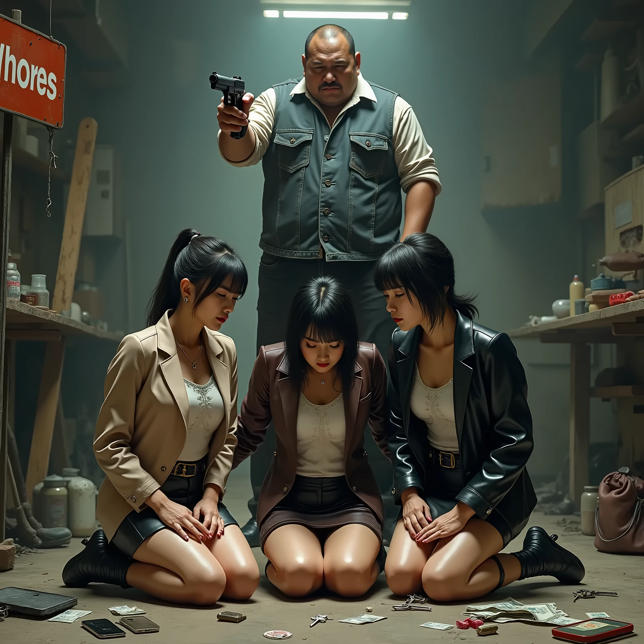Pretty Filipina girls in a war prison, passionately jerking off a handsome American soldier soldier, his penis is large and erect, dense Philippine jungles, other girls working in the heat, Mort Kunstler vibe, by Joe Kubert, by Brian Bolland, by Frank Frazetta, uncensored, lurid vivid colors, erotic, sweaty, dangerous men, scared girl prisoners, detailed, old retro exploitation film aesthetic, comic book or men's magazine style, HD, 8x, detailed, volumetric lighting, girl holding a man's erect penis, sperm